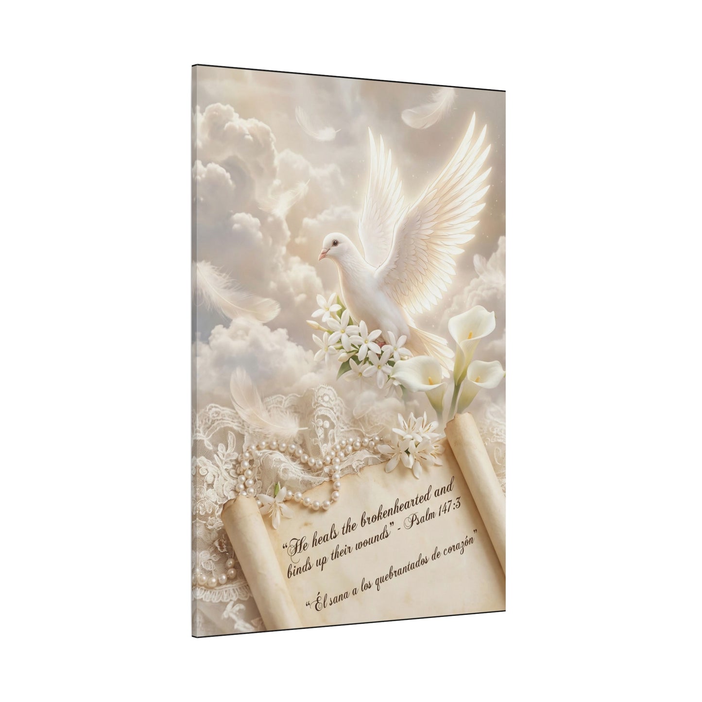 "He Heals The Brokenhearted And Binds Up Their Wounds" Dove Canvas Wall Art - Psalm 147:3 Scripture, White Lily Floral Design - Traditional Religious Decor For Bedroom - Office Wall Art