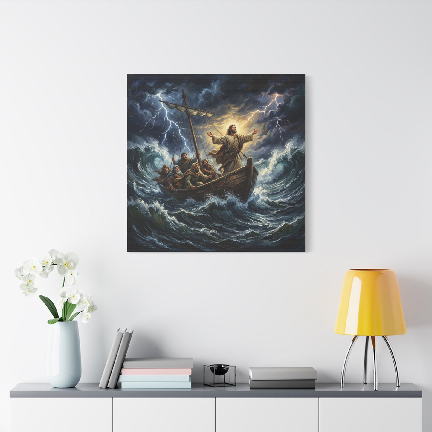 Jesus Calming The Storm Canvas Wall Art - Bible Boat Sea Scene, Dramatic Lightning Waves - Cotton Matte Print - Traditional Religious Decor For Living Room Office Bedroom - Living Room Wall Decor