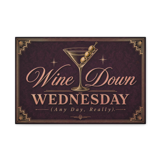 "Wine Down Wednesday (Any Day, Really)." Martini Canvas Wall Art - Vintage Cocktail Typography Decor - Art Deco Style, Matte Canvas Print - Bar Cart Wall Decor - Ready to Hang - Ready to Hang