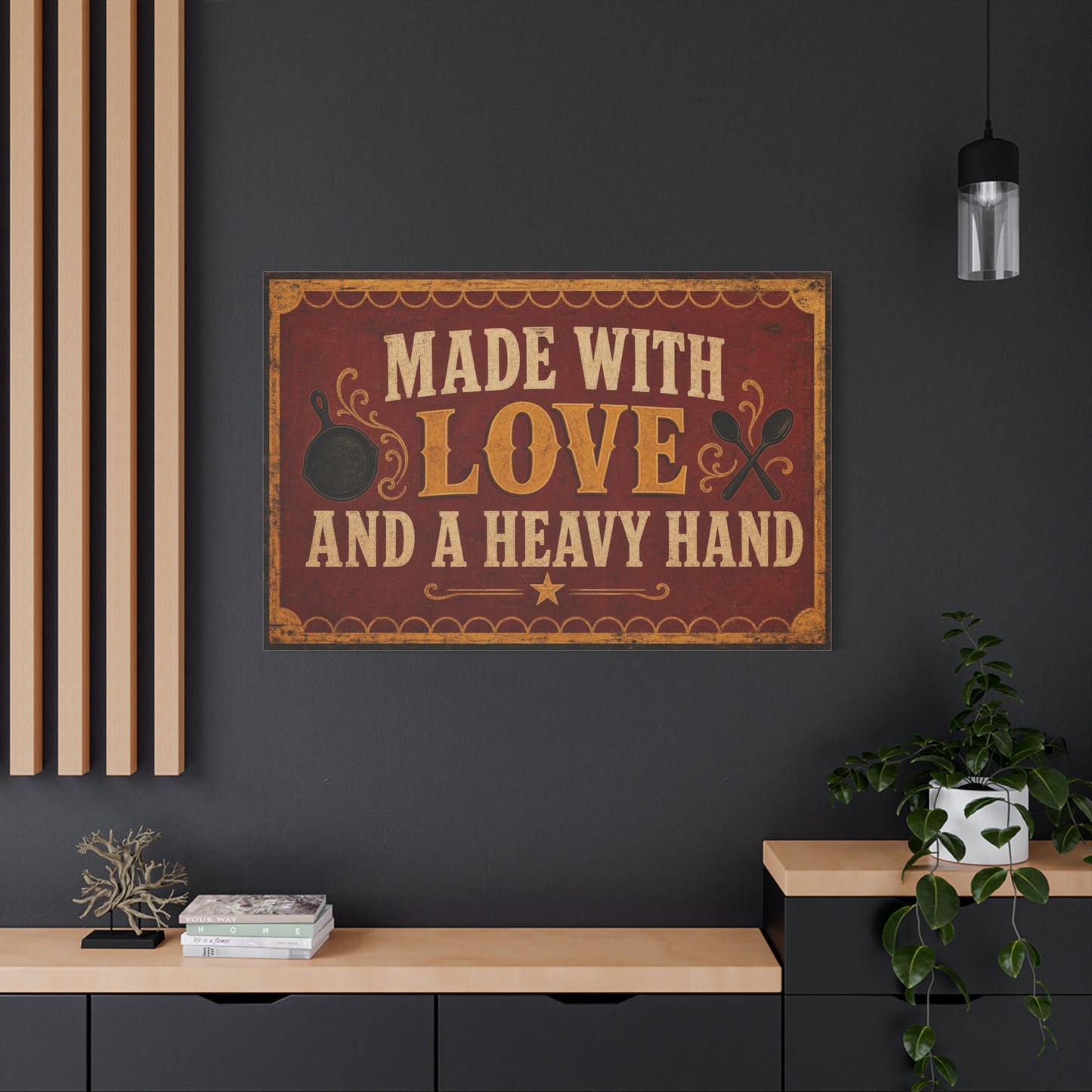 "Made With Love And A Heavy Hand" Kitchen Canvas Wall Art - Rustic Vintage Typography Print, Farmhouse Cooking Decor, Dining Room Wall Decor, Country Home Decoration - Ready to Hang - Ready to Hang