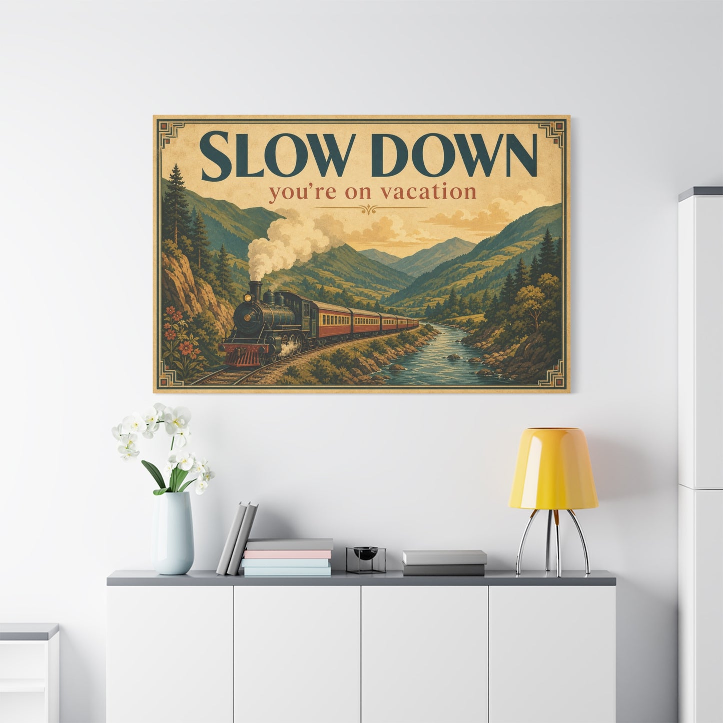 "Slow Down You're On Vacation" Vintage Train Canvas Wall Art - Mountain River Travel Poster Style, Retro Landscape Home Decor - Rustic Cabin Living Room Decoration, Vacation Rental Accent