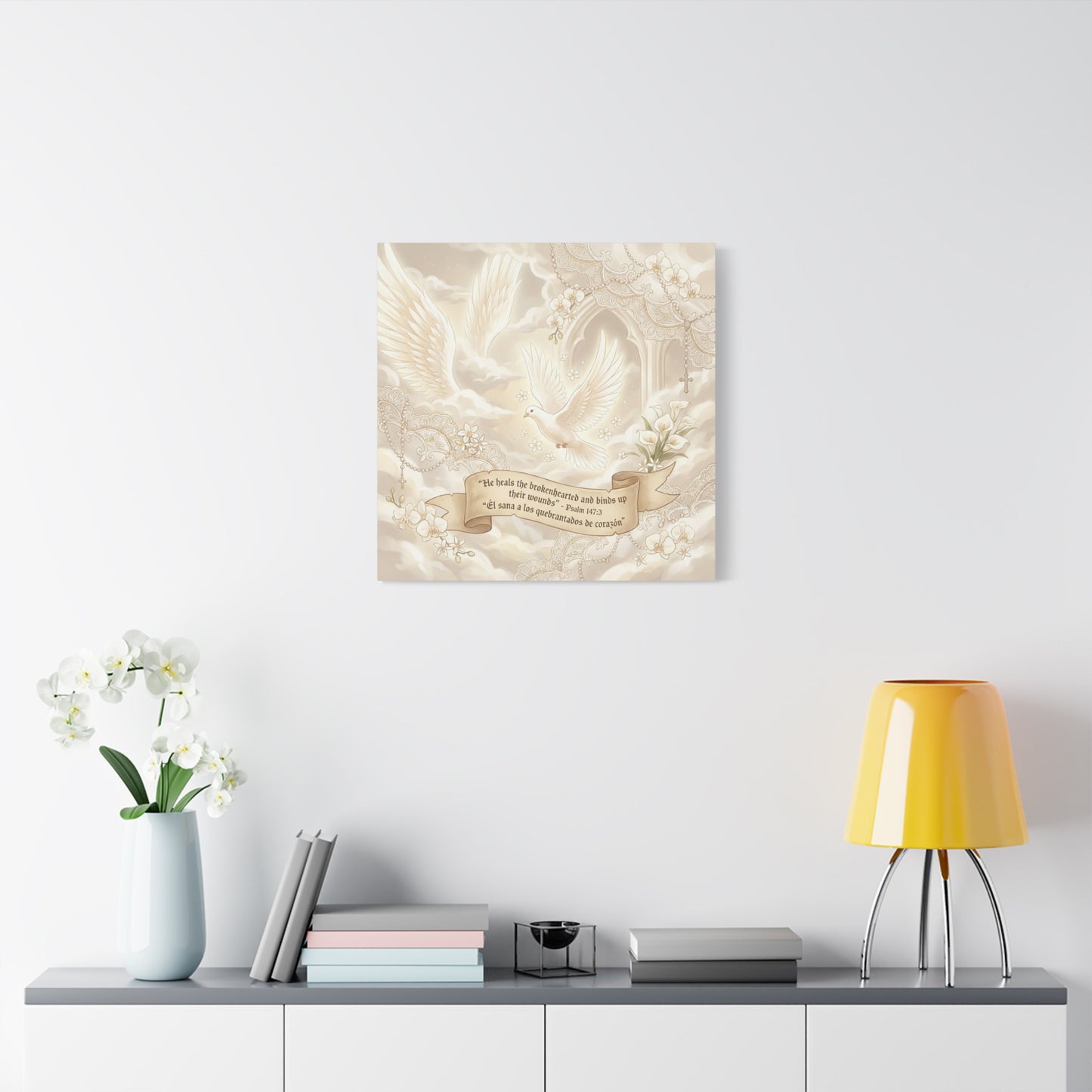 "He Heals The Brokenhearted And Binds Up Their Wounds" Canvas Wall Art - Dove, Cross, Psalm 147:3 Scripture Print - Beige Floral Christian Decor - Bedroom Living Room Home Decoration - Office Wall Art