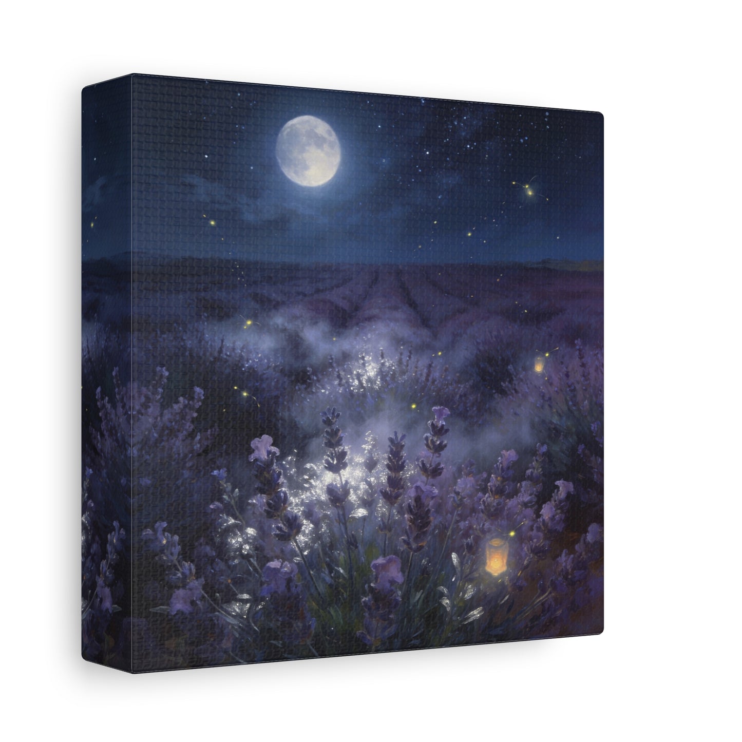 Moonlit Lavender Field Canvas Wall Art - Firefly Night Landscape, capiz shells wall decor - Matte Cotton Art Print, Calming Traditional Style - Bedroom Home Decoration, Office Wall Art - Ready to Hang