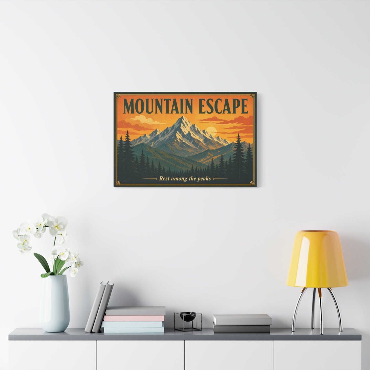 "Mountain Escape" Canvas Wall Art - Vintage Mountain Landscape Print, Sunset Pine Forest Poster Style - "Rest Among The Peaks" - Rustic Cabin Wall Decor, Living Room Home Accent - Ready to Hang