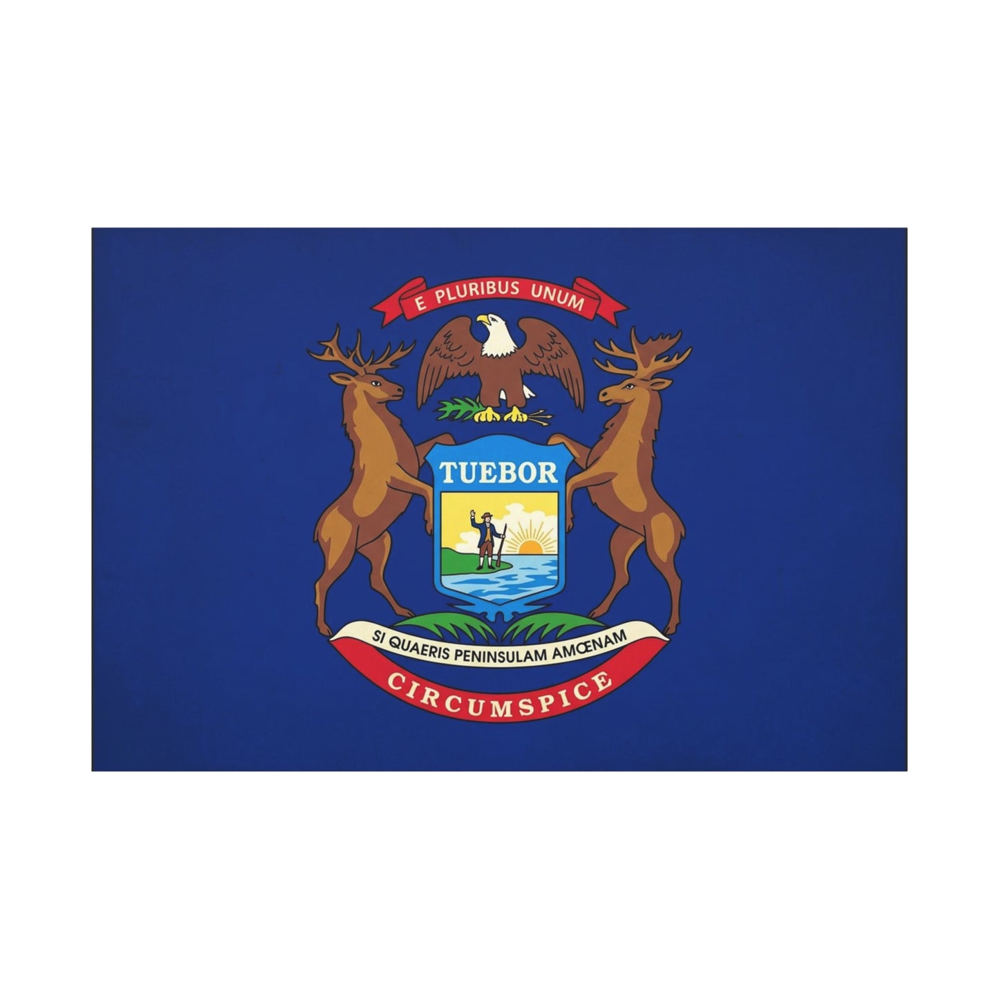 "E Pluribus Unum" Michigan State Flag Canvas Wall Art - Blue Crest With Elk Eagle And "Tuebor" - Vintage Heraldic Decor, Living Room Wall Decor, Office Art - Bedroom Home Decoration - Ready to Hang