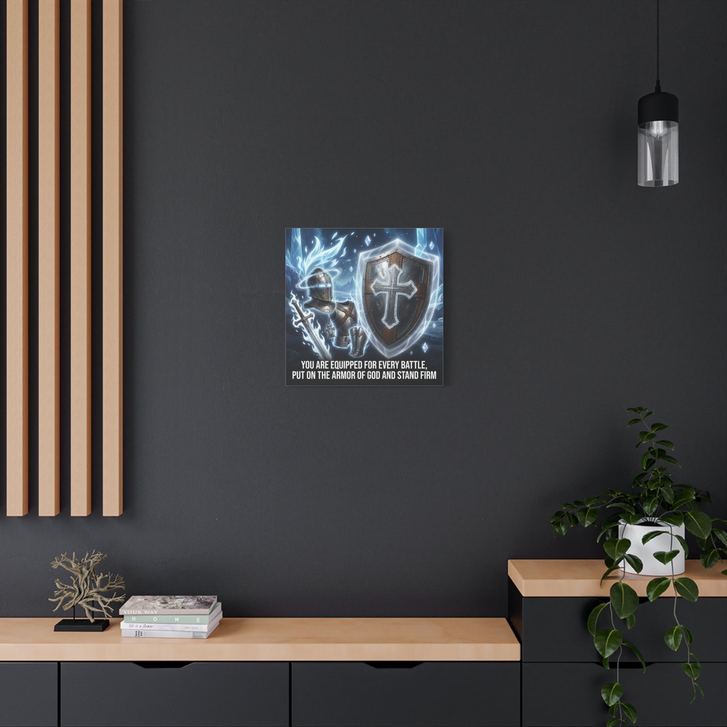 "You Are Equipped For Every Battle, Put On The Armor Of God And Stand Firm" Christian Canvas Wall Art - Knight Armor, Cross Shield, Scripture Decor - Blue Fantasy Style - Living Room - Office Wall Art