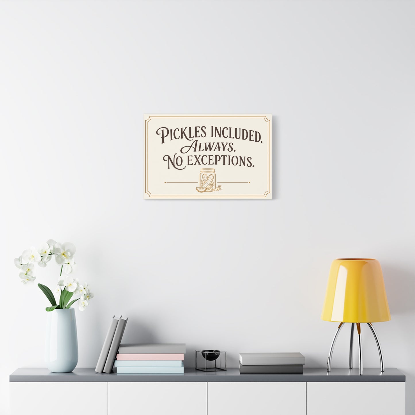 "Pickles Included. Always. No Exceptions." Funny Pickle Canvas Wall Art - Vintage Typography Kitchen Decor, Rustic Farmhouse Quote Print, Dining Room Wall Hanging - Ready to Hang - Ready to Hang