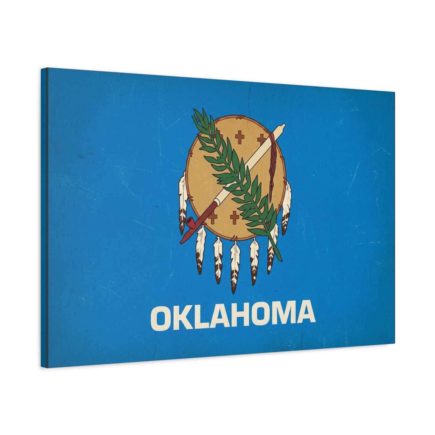 "OKLAHOMA" State Flag Canvas Wall Art - Vintage Blue Shield, Olive Branch And Peace Pipe Print - Rustic Americana Style - Living Room Decor, Office Wall Accent - Ready to Hang - Modern Farmhouse Style