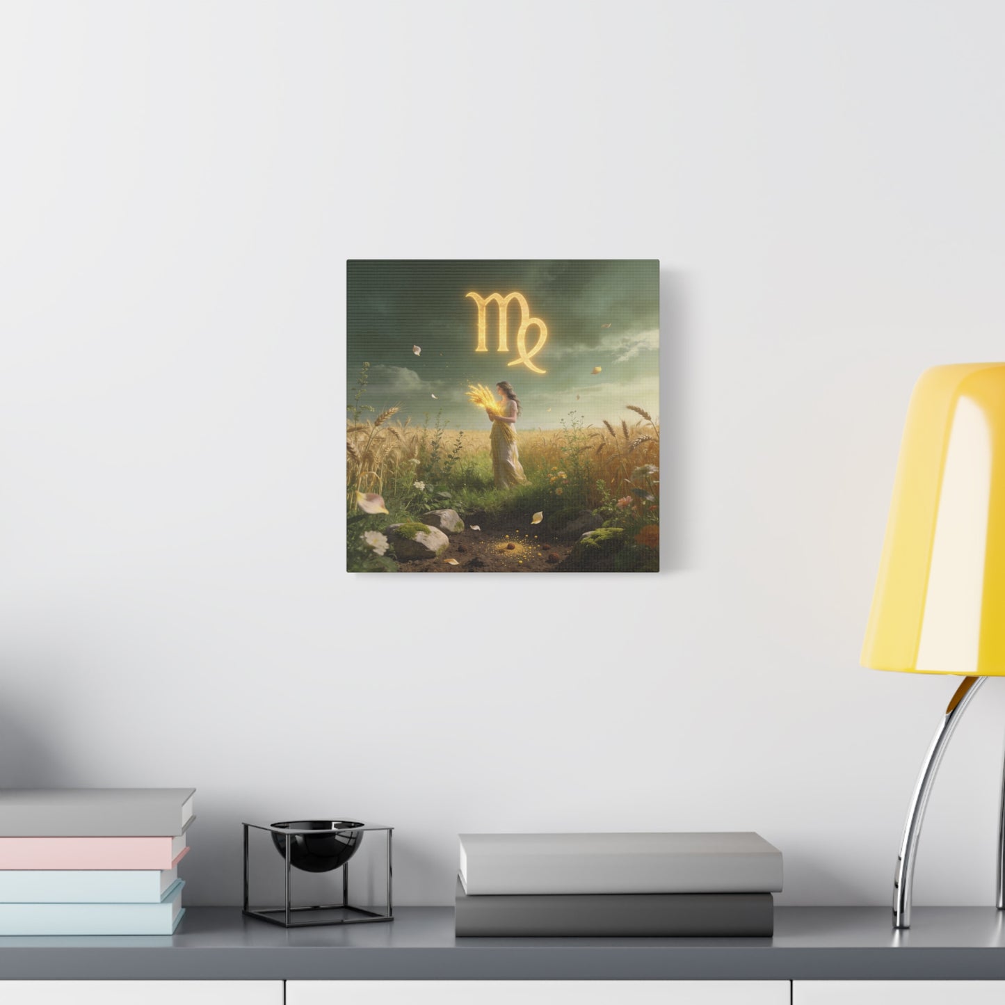 Virgo Zodiac Canvas Wall Art - Glowing Virgo Symbol, Woman In Wheat Field - Mystical Celestial Illustration, Matte Canvas Print - Bedroom Wall Decor, Meditation Space Accent - Bedroom Home Decoration