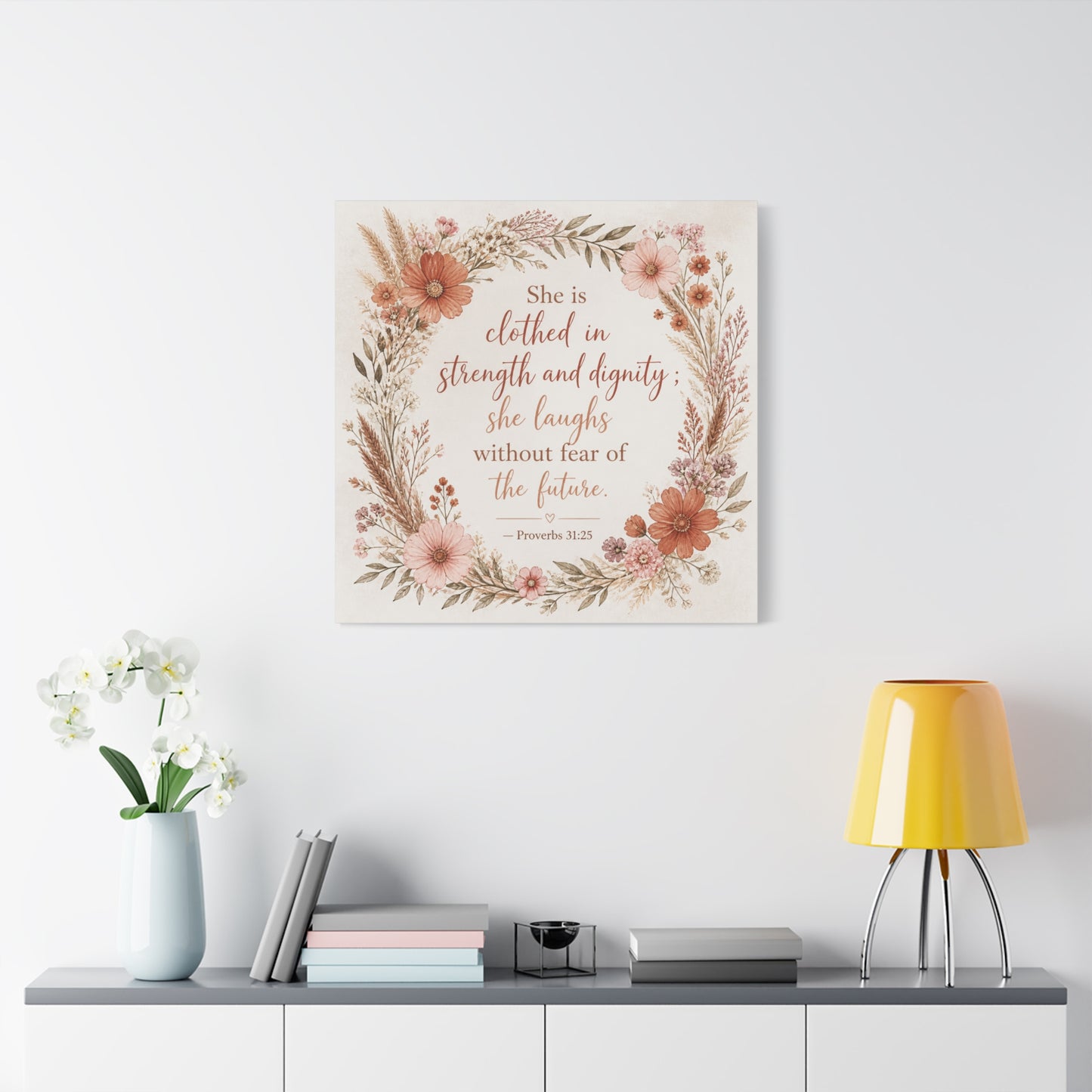 "She Is Clothed In Strength And Dignity" Floral Canvas Wall Art - Proverbs 31:25 Scripture Quote, Blush Wildflower Wreath, Farmhouse Style, Bedroom Wall Decor - Bedroom Home Decoration - Ready to Hang