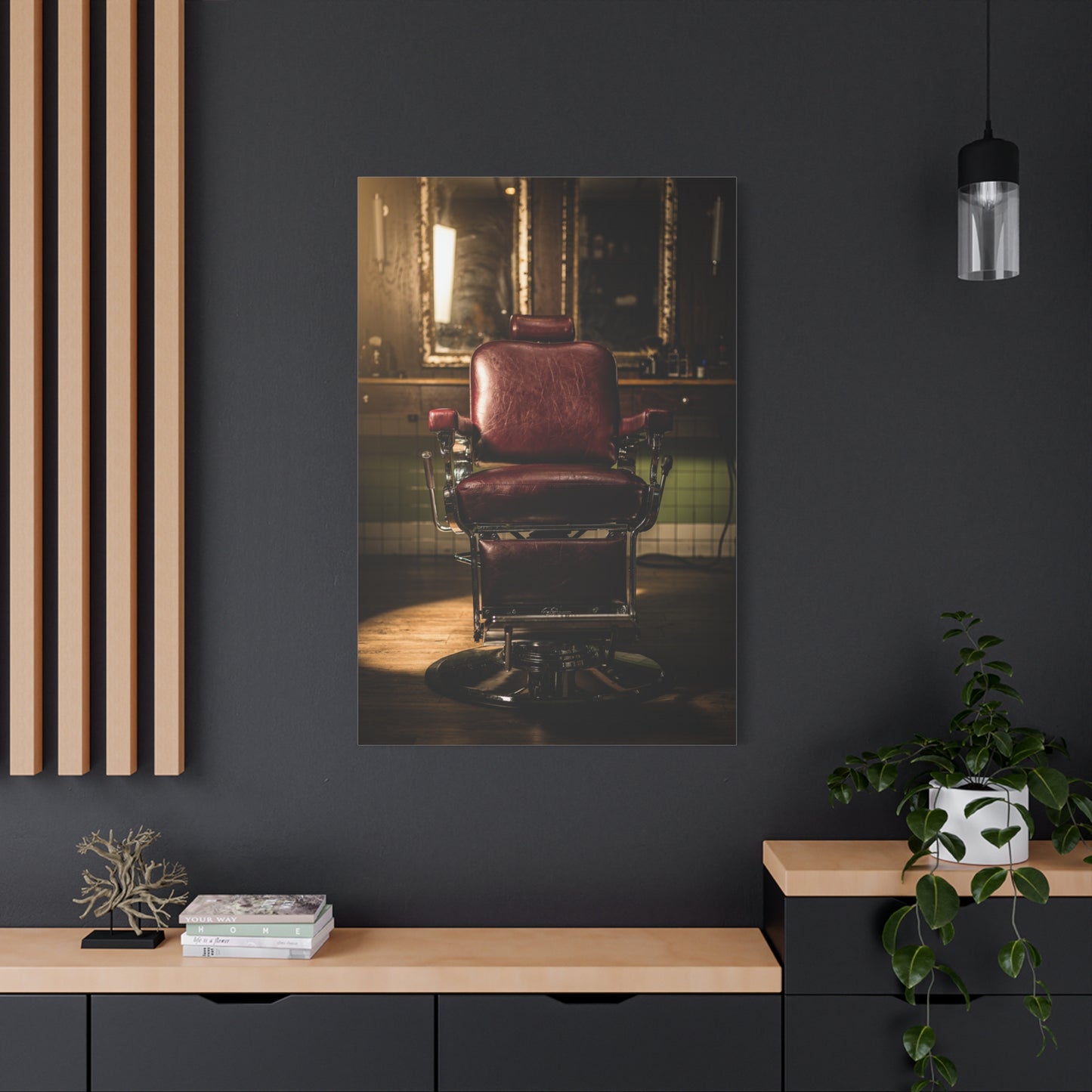 Vintage Barber Chair Canvas Print - Moody Barbershop Interior Art Print, Burgundy Leather Seat, Warm Cinematic Lighting - Rustic Contemporary Decor - Salon Wall Accent, Home Office Display