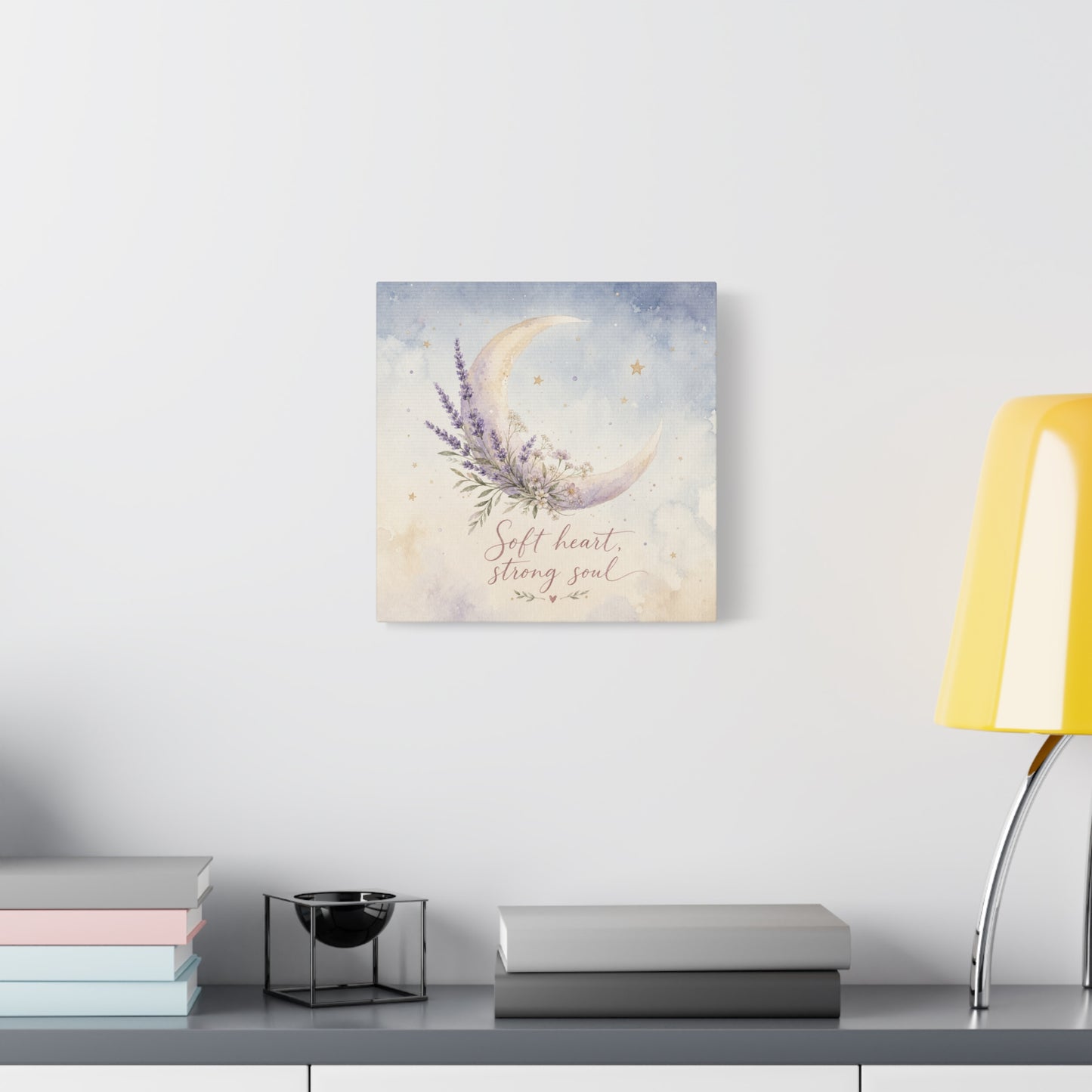 "Soft Heart, Strong Soul" Moon Canvas Wall Art - Lavender Floral Celestial Quote Print - Watercolor Nursery Bedroom Decor - Bohemian Home Decoration - Office Wall Art - Bedroom Home Decoration