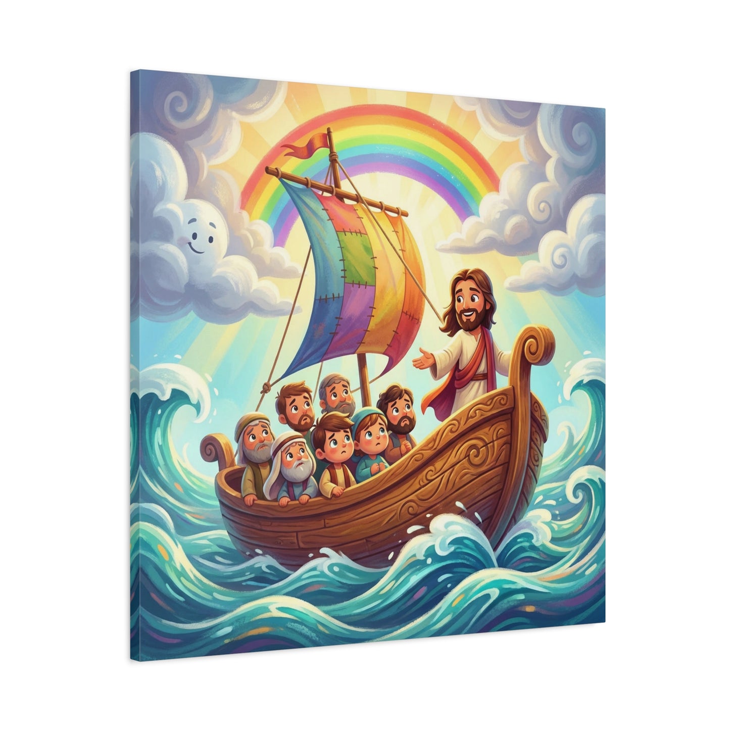 Jesus Boat Canvas Wall Art - Rainbow Sail, Disciples At Sea, Christian Nursery Decor - Matte Cotton Print - Whimsical Religious Style For Kids Bedroom Playroom Home Decoration - Living Room Wall Decor
