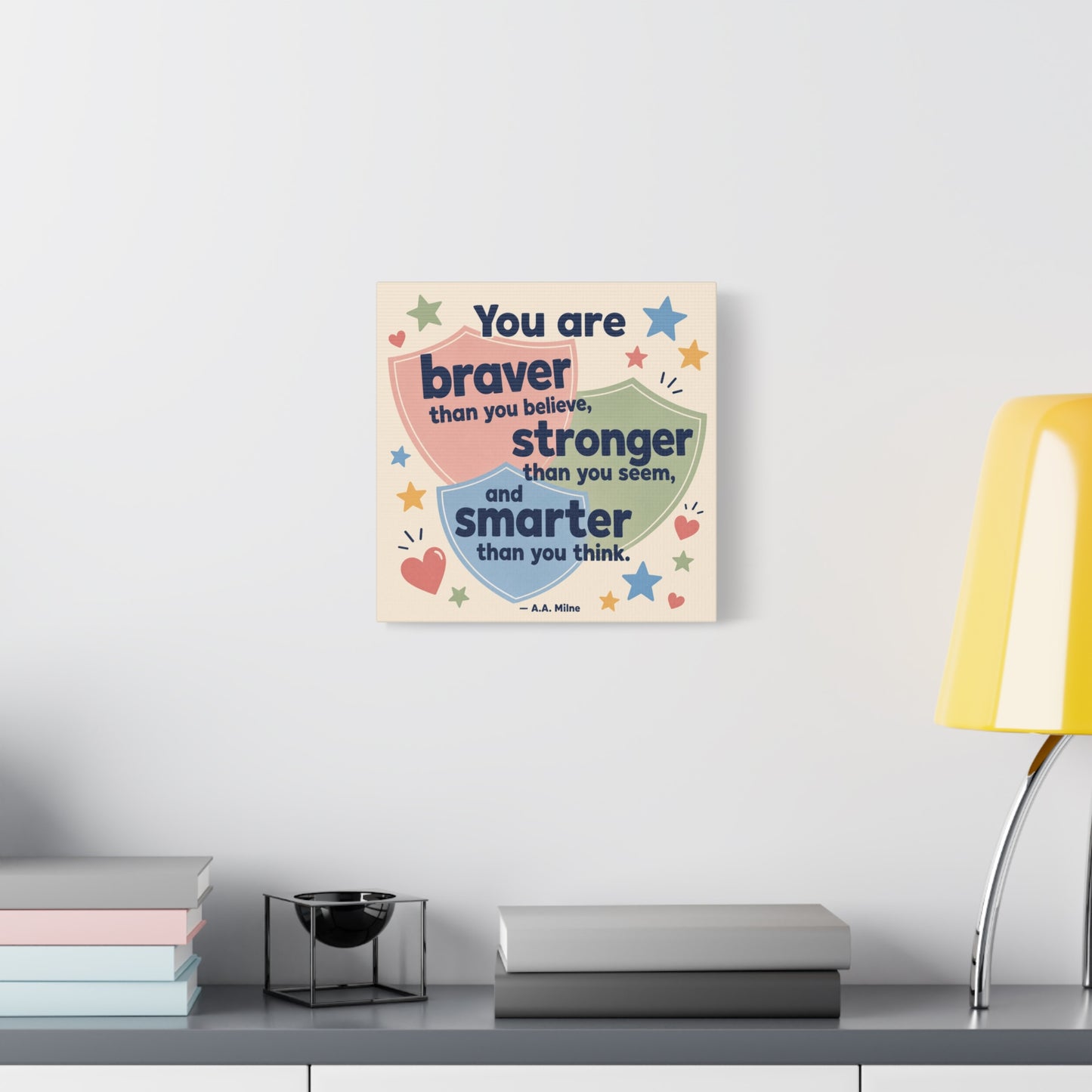 "You Are Braver, Stronger, Smarter" Quote Canvas Wall Art - Kids Inspirational Typography Print, Pastel Shield Stars Hearts Design - Nursery Bedroom Classroom Decor - Office Wall Art - Ready to Hang