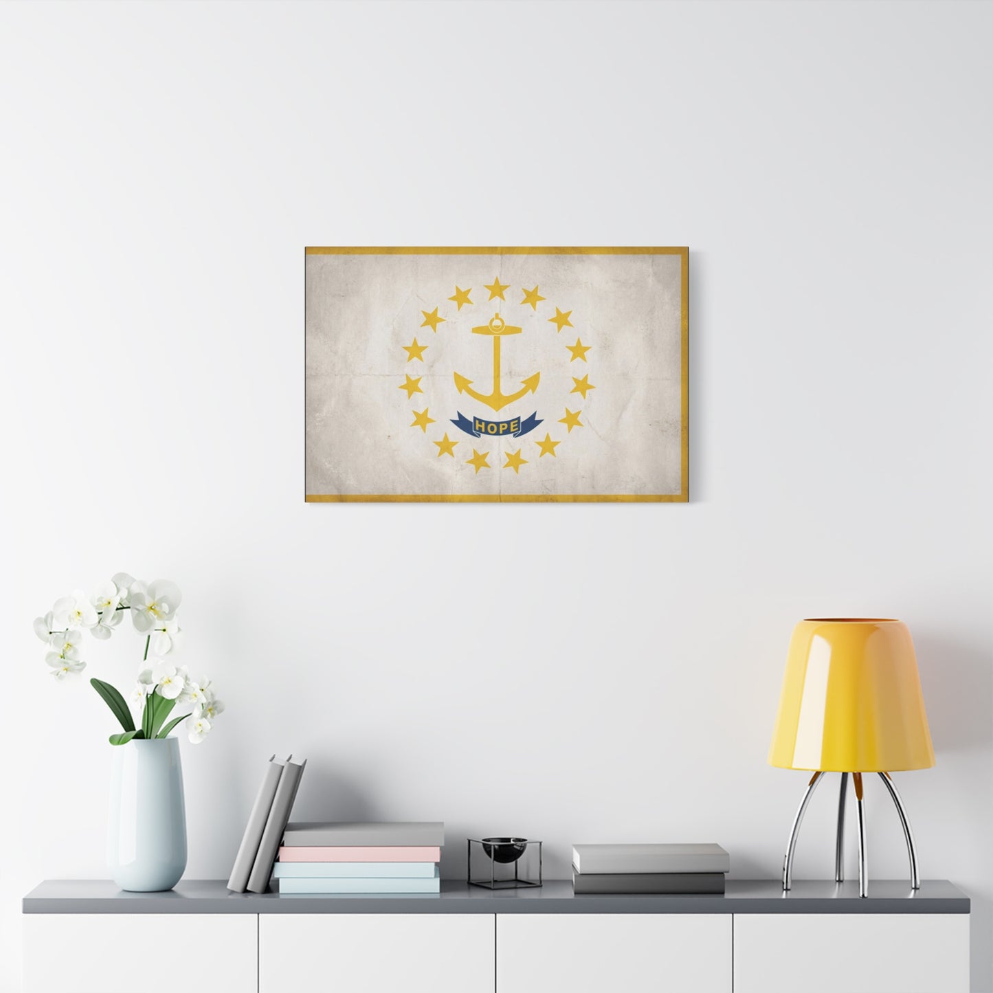 "HOPE" Rhode Island Flag Canvas Wall Art - Anchor And Stars State Print, Vintage Nautical Decor - Minimalist Gold Blue Design - Living Room Wall Decor - Bedroom Home Decoration - Cozy Reading Nook Art