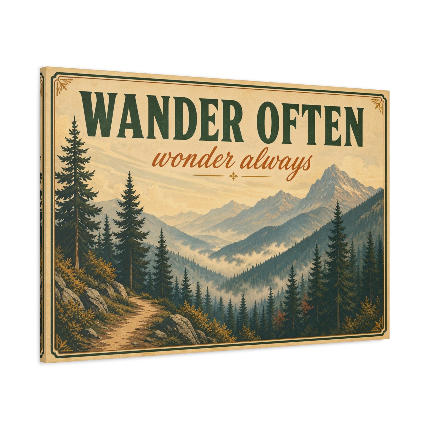 "Wander Often Wonder Always" Mountain Canvas Wall Art - Vintage Forest Landscape Quote Decor, Rustic Matte Print, Cabin Style Living Room Wall Decor, Bedroom Home Decoration - Bedroom Home Decoration