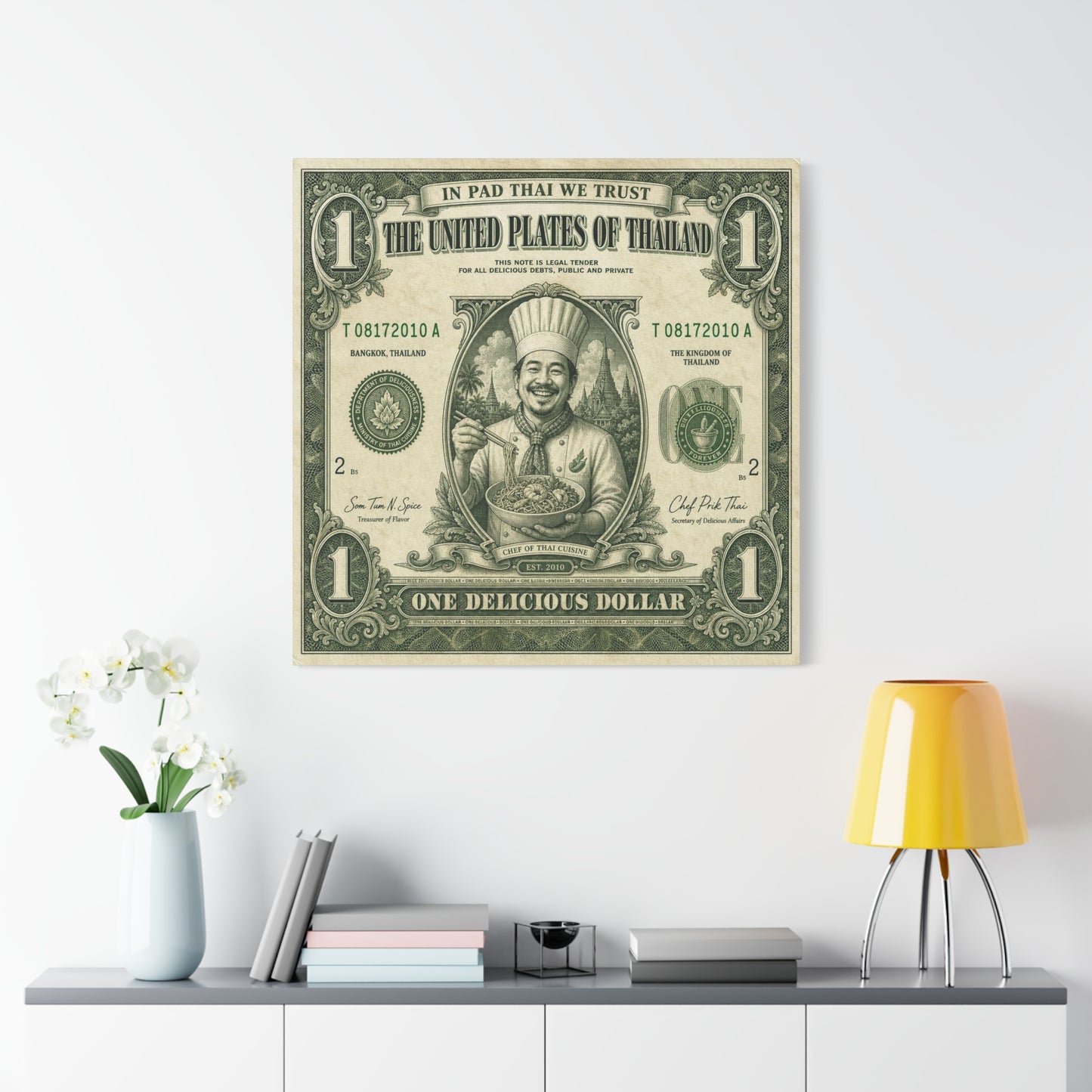 "In Pad Thai We Trust" Typography Canvas Wall Art - Vintage Thai Currency Illustration, Chef Portrait, Bangkok Thailand Food Poster Style - Kitchen Wall Decor, Dining Room Accent - Ready to Hang