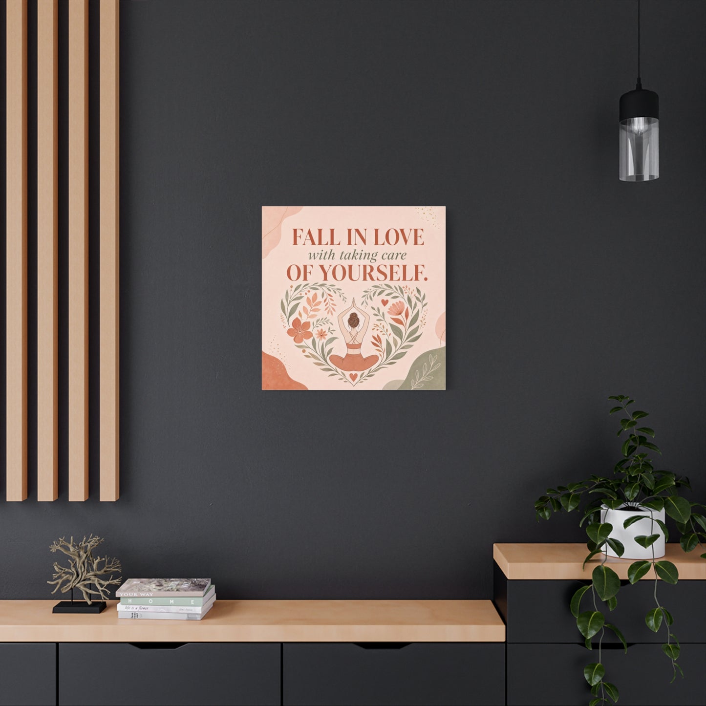 "Fall In Love With Taking Care Of Yourself." Inspirational Canvas Wall Art - Yoga Woman Floral Quote Print - Bohemian Modern Sage Blush Decor - Living Room Wall Decor - Bedroom Home Decoration