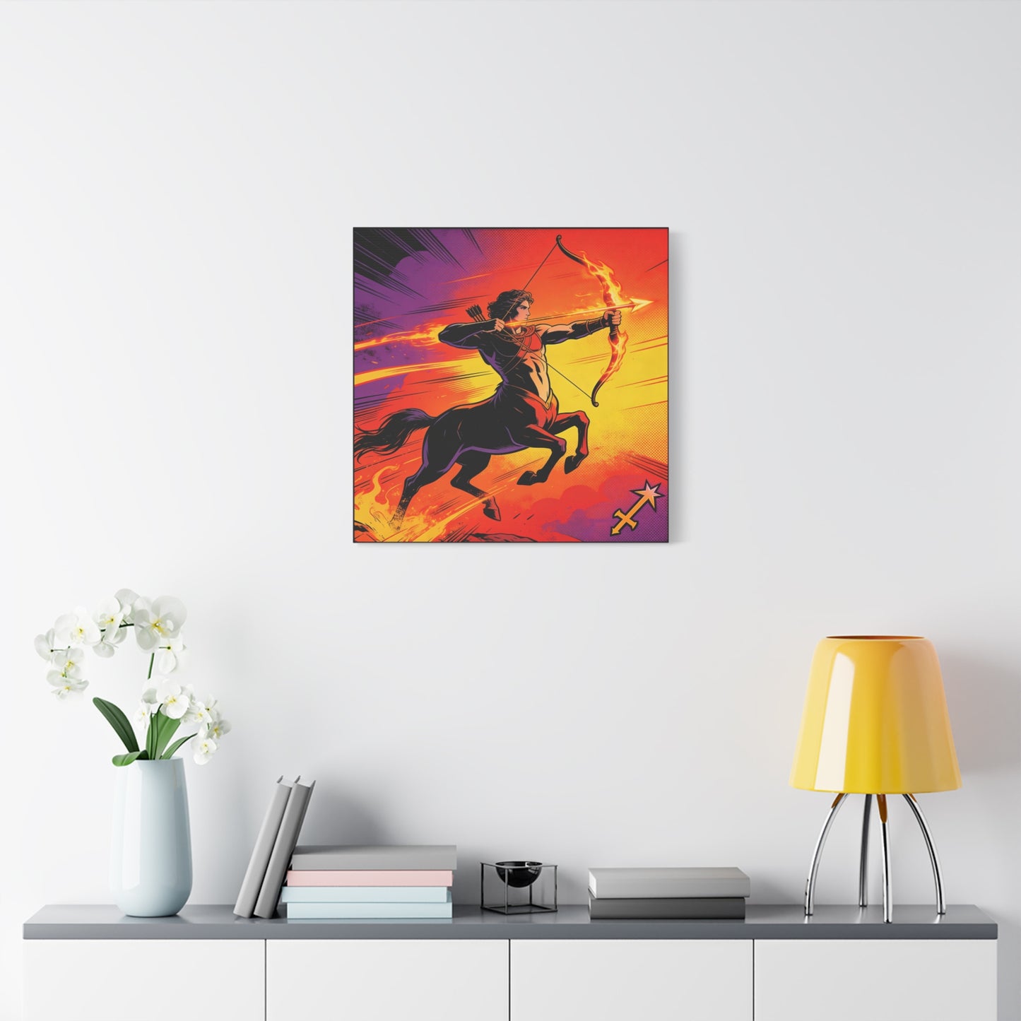 Sagittarius Centaur Archer Canvas Wall Art - Fiery Zodiac Illustration, Bold Mythology Decor - Matte Canvas Print, Modern Pop Art Style - Bedroom Home Decoration, Office Wall Decor - Ready to Hang