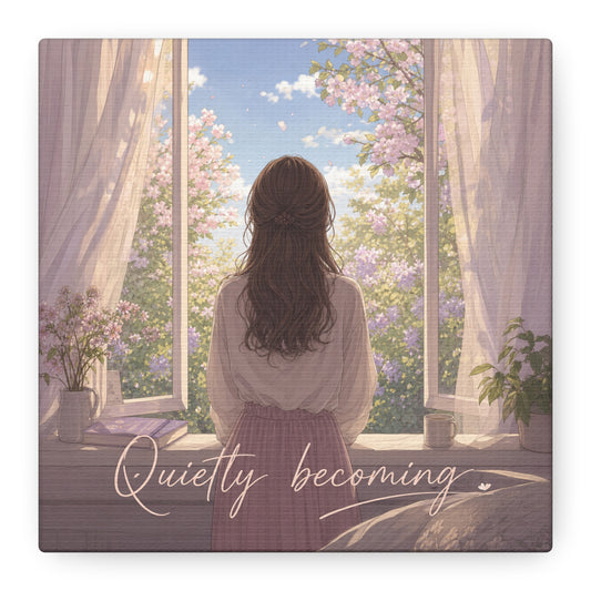 "Quietly Becoming" Girl At Window Canvas Wall Art - Cherry Blossom Bedroom Decor, Soft Pastel Inspirational Print, Dreamy Feminine Room Decoration - Bedroom Home Decoration - Living Room Wall Decor