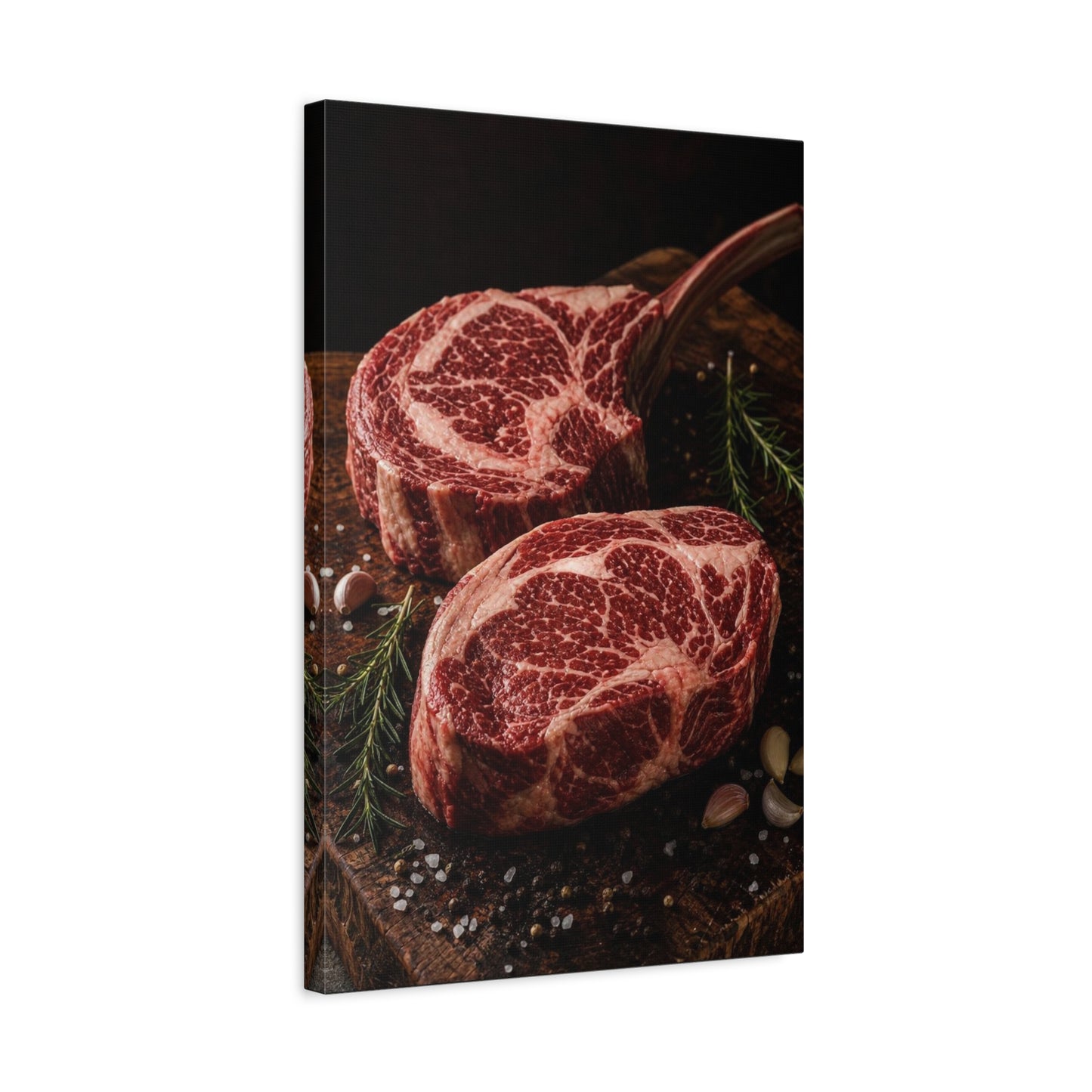 Raw Ribeye Steak Canvas Wall Art - Rustic Food Art Print, Butcherhouse Kitchen Decor, Cotton Art Print, Moody Culinary Still Life - Dining Room Accent, Restaurant Wall Decor - Modern Farmhouse Style