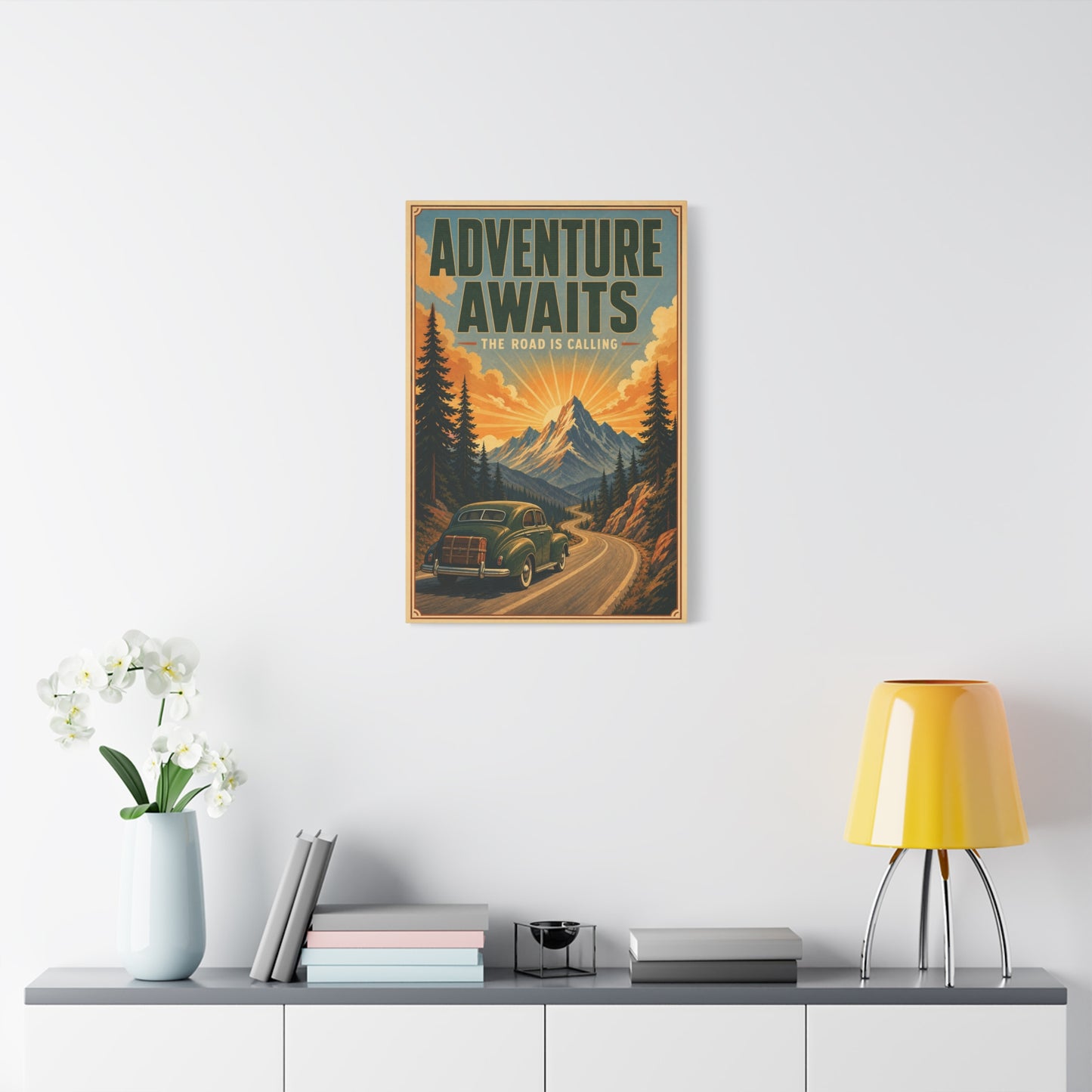 "Adventure Awaits The Road Is Calling" Vintage Travel Canvas Wall Art - Mountain Road Sunrise, Retro Car Poster Print - Adventure Decor, Living Room Wall Decor, Office Art - Bedroom Home Decoration