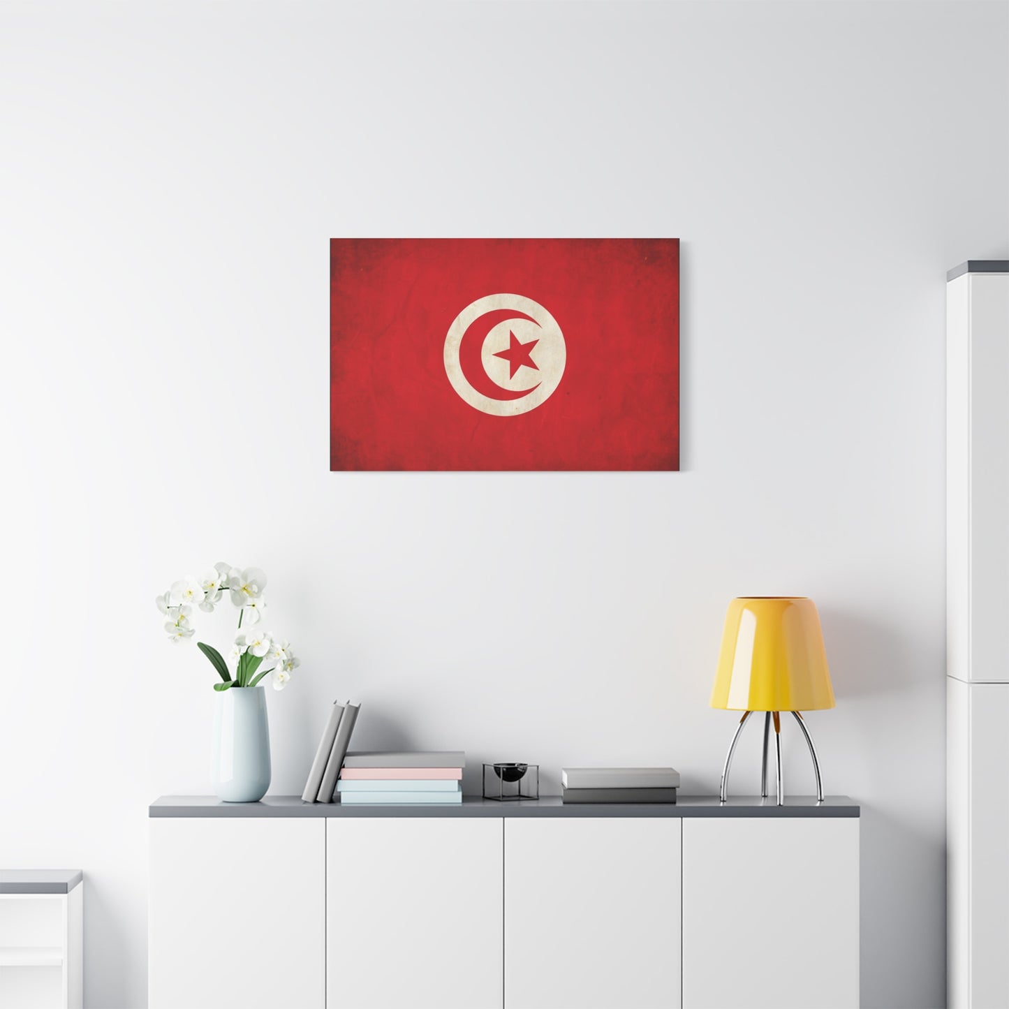 Tunisia Flag Canvas Wall Art - Vintage Red Crescent Star Print, Patriotic Country Decor - Matte Cotton Artwork - Living Room Wall Decor - Bedroom Home Decoration - Bedroom Home Decoration