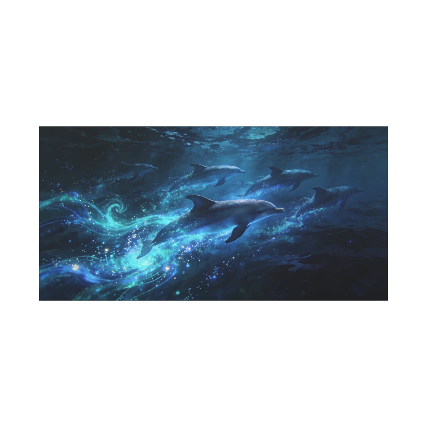 Dolphin Pod Canvas Wall Art - Glowing Underwater Ocean Scene, Blue Fantasy Marine Print - Matte Cotton Artwork - Coastal Style Living Room Wall Decor, Bedroom Home Decoration - Bedroom Home Decoration