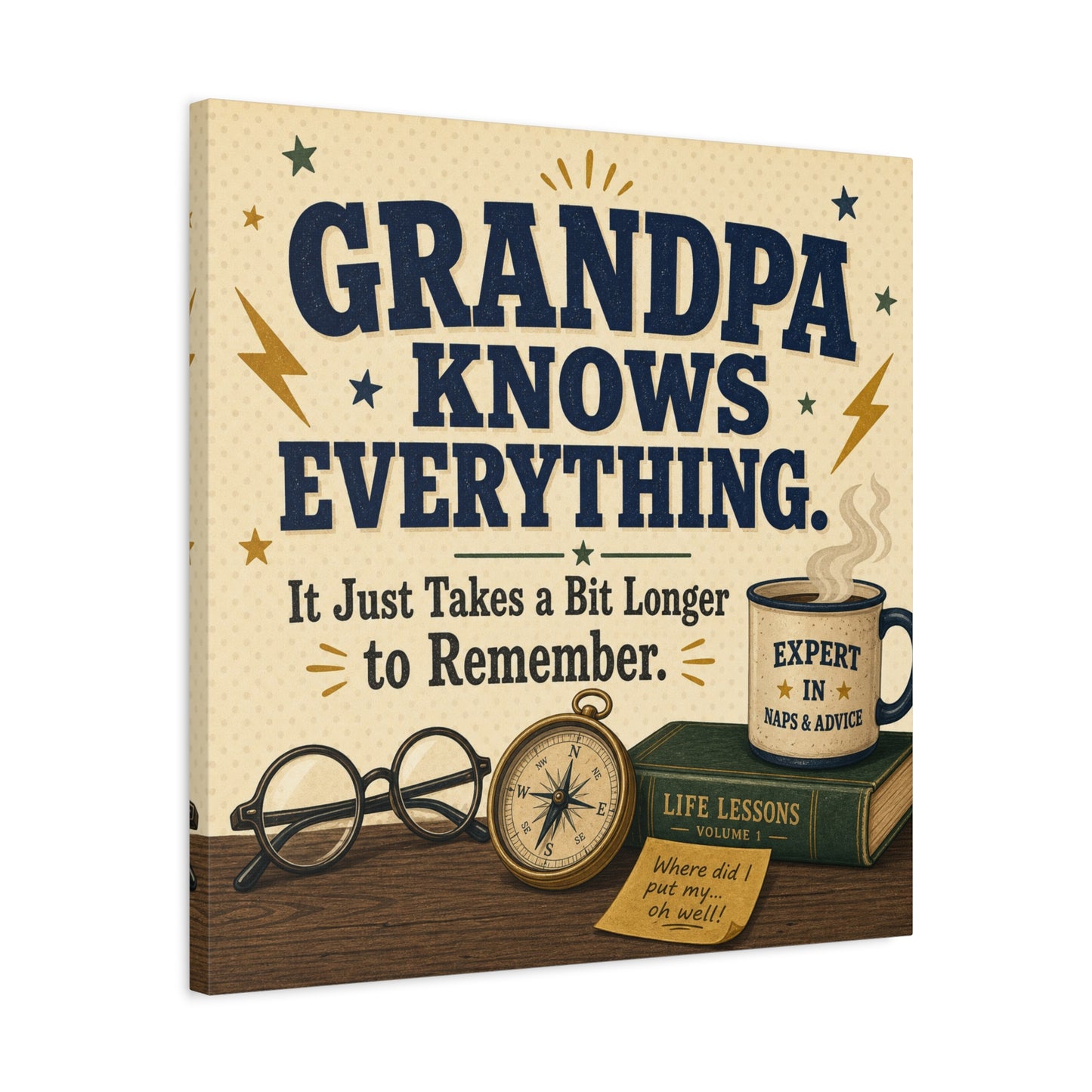 "Grandpa Knows Everything. It Just Takes A Bit Longer To Remember." Canvas Wall Art - Vintage Grandpa Quote Print, Rustic Typography Decor, Living Room Home Decoration - Office Wall Art