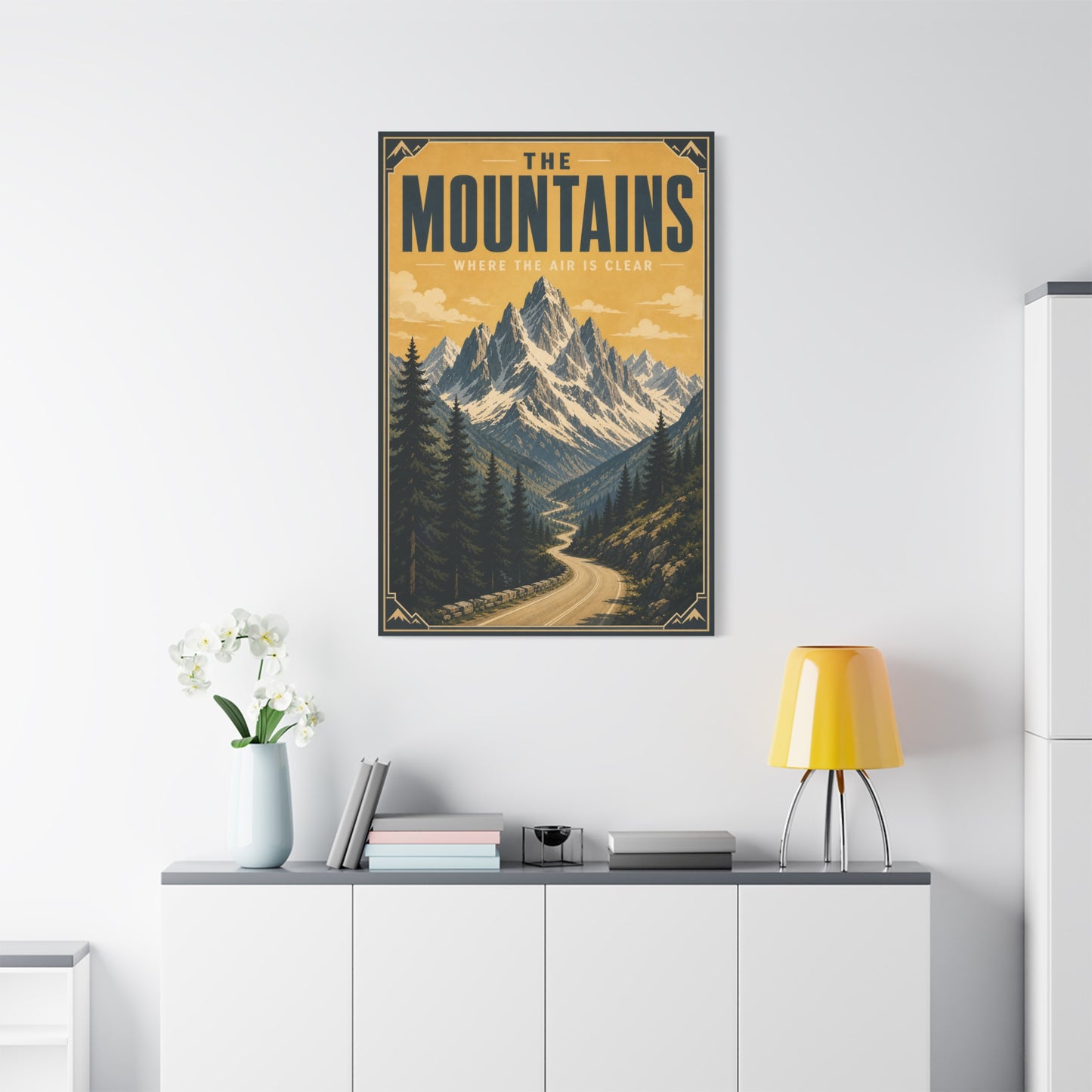 "The Mountains Where The Air Is Clear" Canvas Wall Art - Vintage Mountain Landscape Print, Golden Alpine Road Poster Style, Rustic Cabin Wall Decor - Ready to Hang - Bedroom Home Decoration