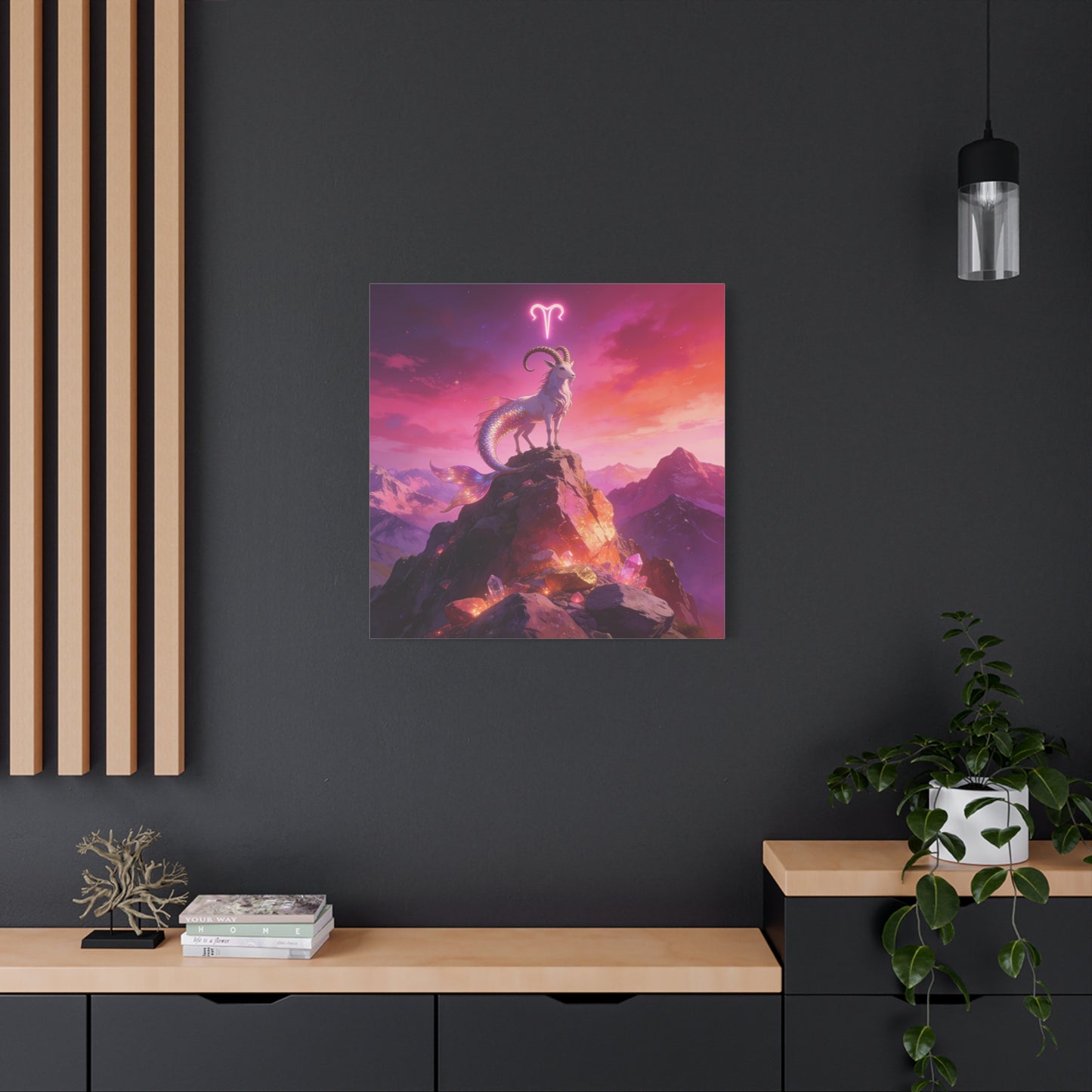 Aries Zodiac Mermaid Goat Canvas Wall Art - Fantasy Mountain Crystal Scene - Pink Purple Celestial Illustration - Modern Mystical Decor, Bedroom Home Decoration, Office Wall Art - Ready to Hang