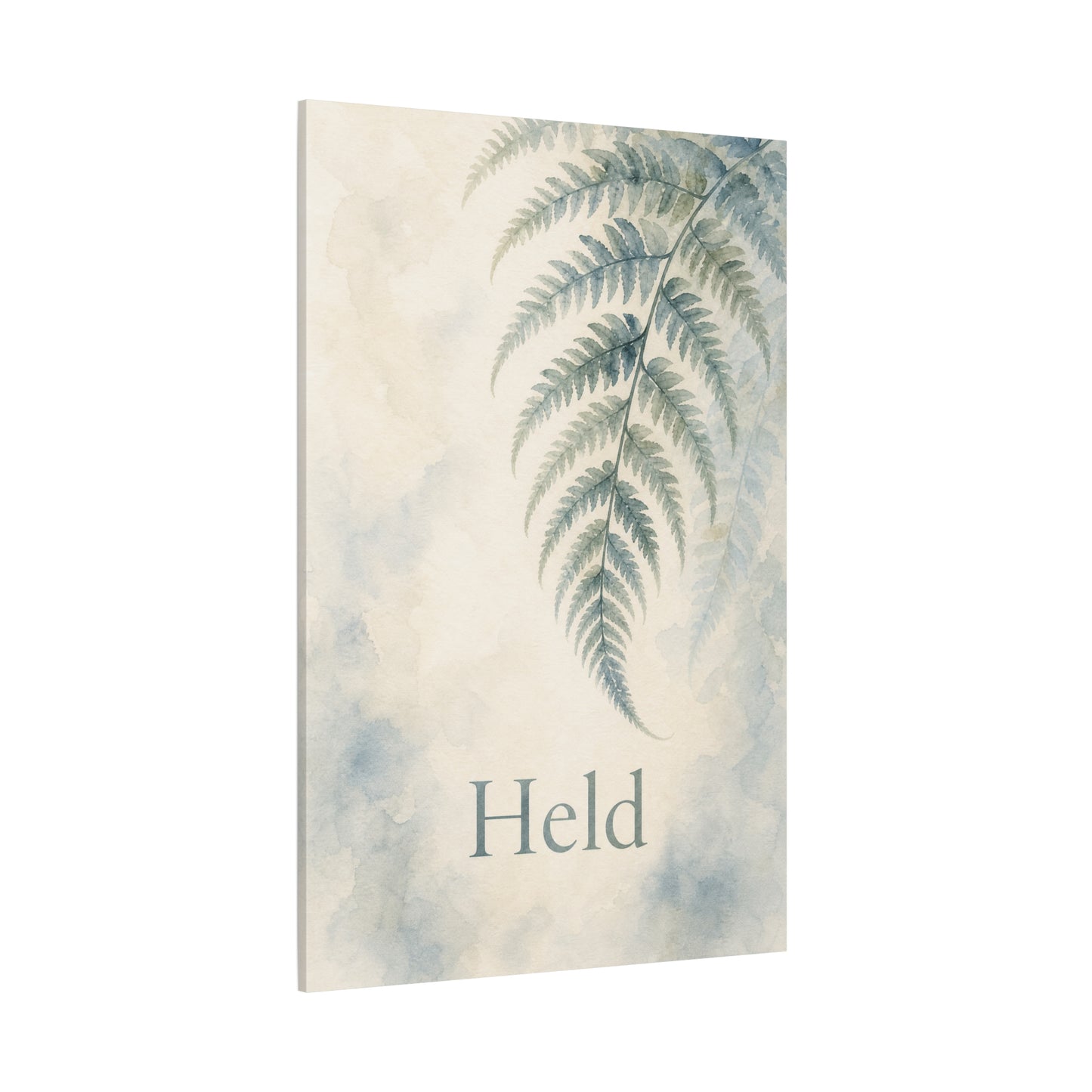 "Held" Fern Botanical Canvas Wall Art - Watercolor Leaf Print, Calming Bedroom Wall Decor, Minimalist Blue Green Nature Home Decoration, Meditation Space Accent - Ready to Hang - Cozy Reading Nook Art