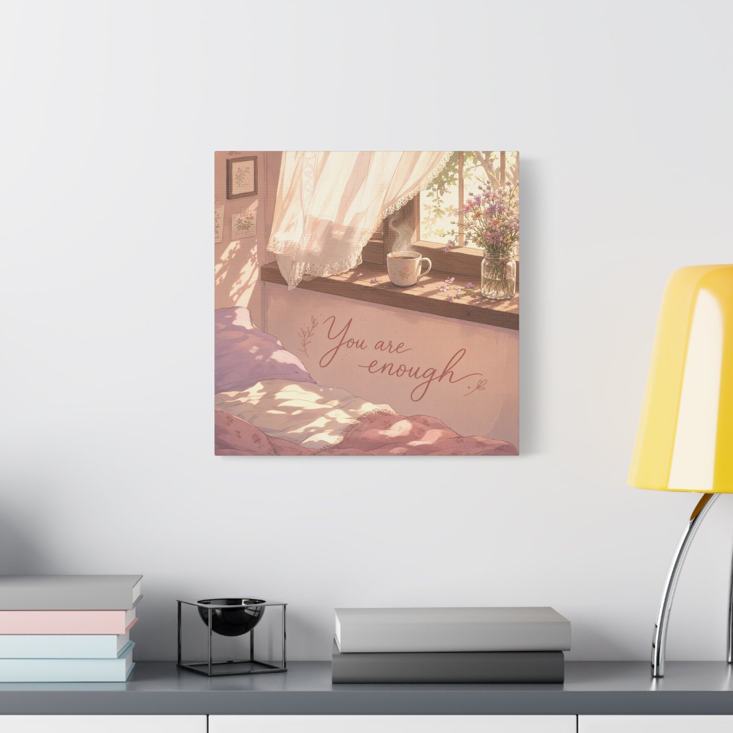 "You Are Enough" Inspirational Canvas Wall Art - Sunlit Bedroom Window Flowers, Cozy Pink Cottagecore Decor - Matte Affirmation Print - Bedroom Home Decoration, Teen Room Accent - Office Wall Art