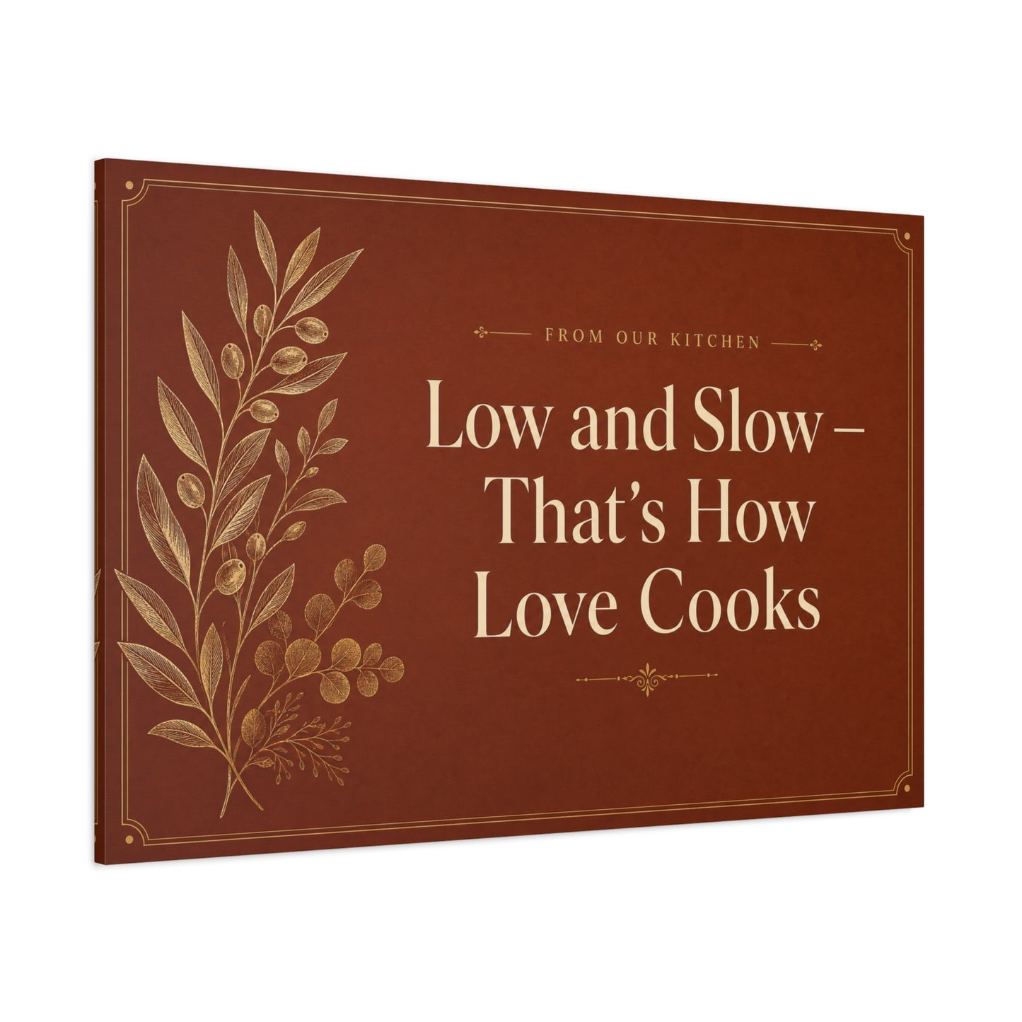 "Low And Slow - That's How Love Cooks" Kitchen Canvas Wall Art - Rustic Typography Botanical Print - Brown Farmhouse Dining Room Decor - Office Wall Art - Bedroom Home Decoration - Ready to Hang