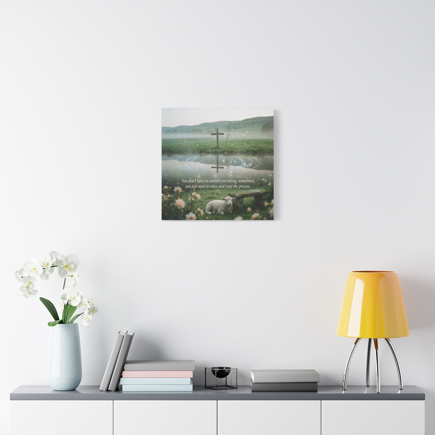 "You Don’t Have To Control Everything, Sometimes You Just Need To Relax And Trust The Process" Canvas Wall Art - Christian Cross, Lamb Meadow Scene - Inspirational Farmhouse Decor - Office Wall Art