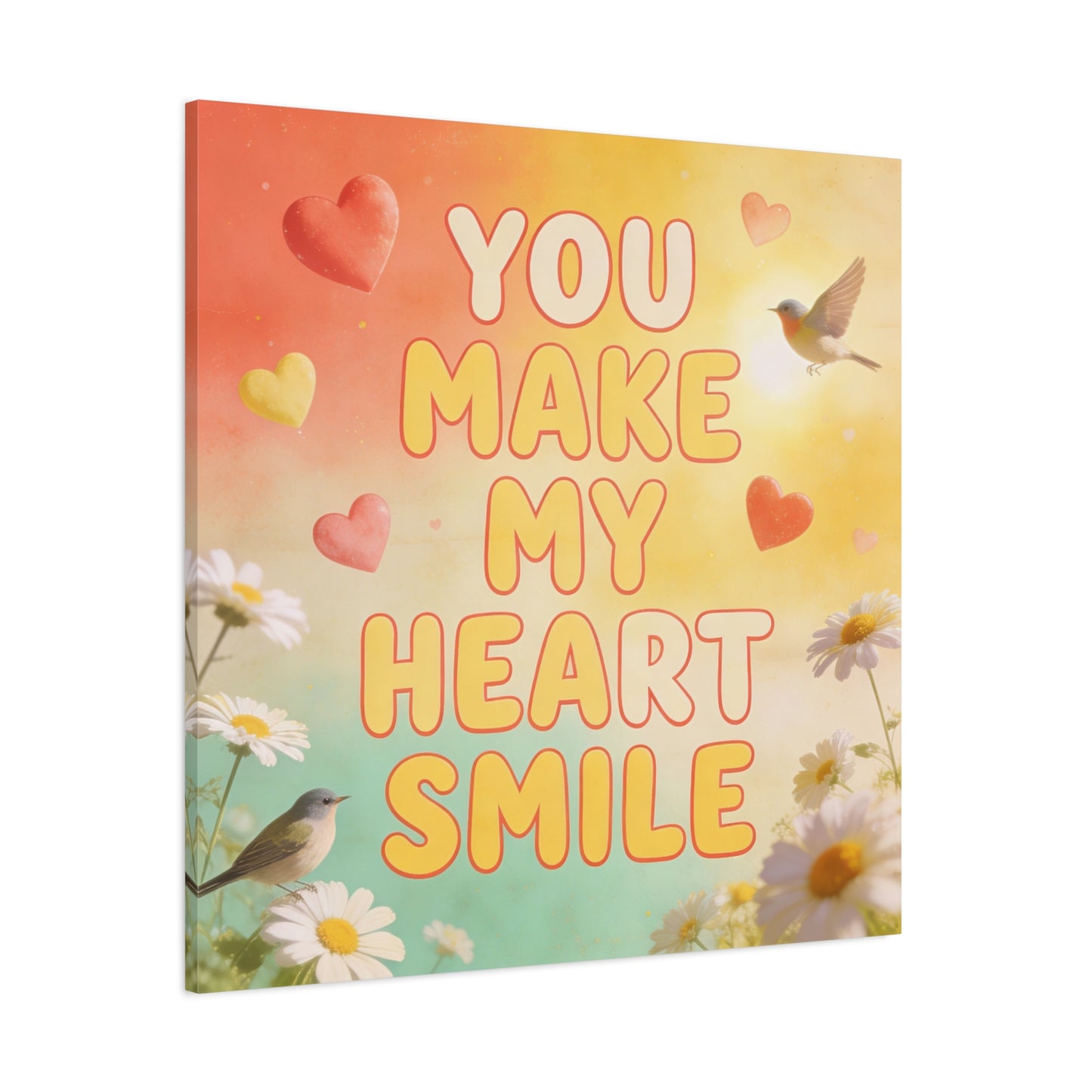 "You Make My Heart Smile" Inspirational Canvas Wall Art - Daisy And Songbird Quote Print, Pastel Typography Decor, Cheerful Bedroom Wall Hanging, Nursery Home Accent - Bedroom Home Decoration
