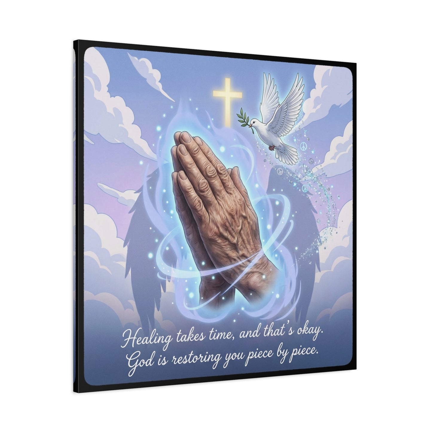 "Healing Takes Time, And That’s Okay. God Is Restoring You Piece By Piece." Christian Canvas Wall Art - Praying Hands, Dove, Cross - Faith Inspired Blue Sky Decor - Bedroom Living Room Office