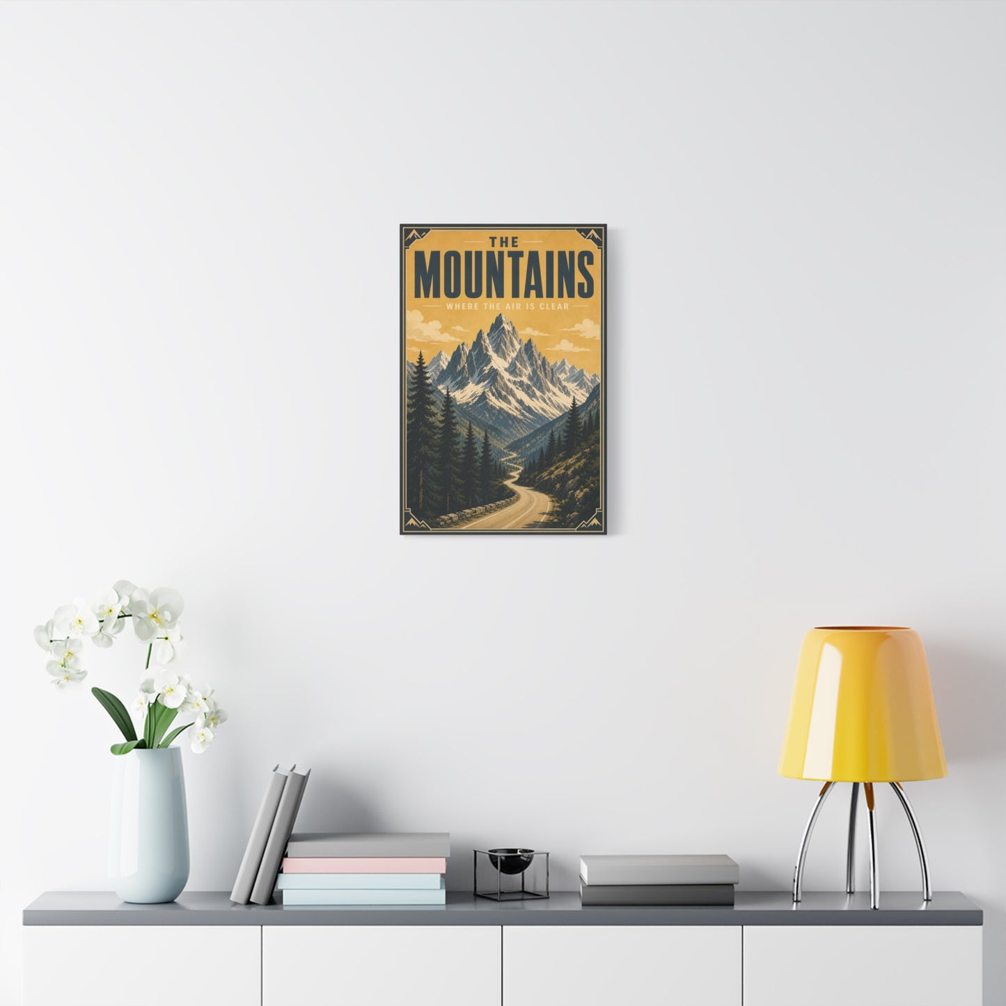 "The Mountains Where The Air Is Clear" Canvas Wall Art - Vintage Mountain Landscape Print, Golden Alpine Road Poster Style, Rustic Cabin Wall Decor - Ready to Hang - Bedroom Home Decoration