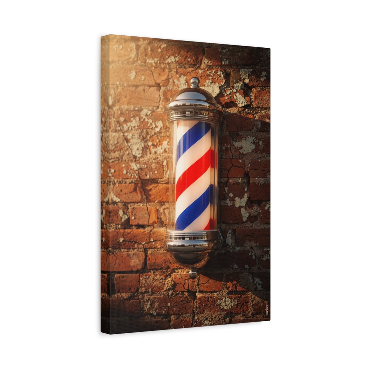 Vintage Barber Pole Canvas Wall Art - Rustic Brick Wall Art Print, Red Blue White Stripe Shop Decor - Matte Cotton Art Print - Barbershop Interior Accent, Lobby Workspace Styling - Ready to Hang