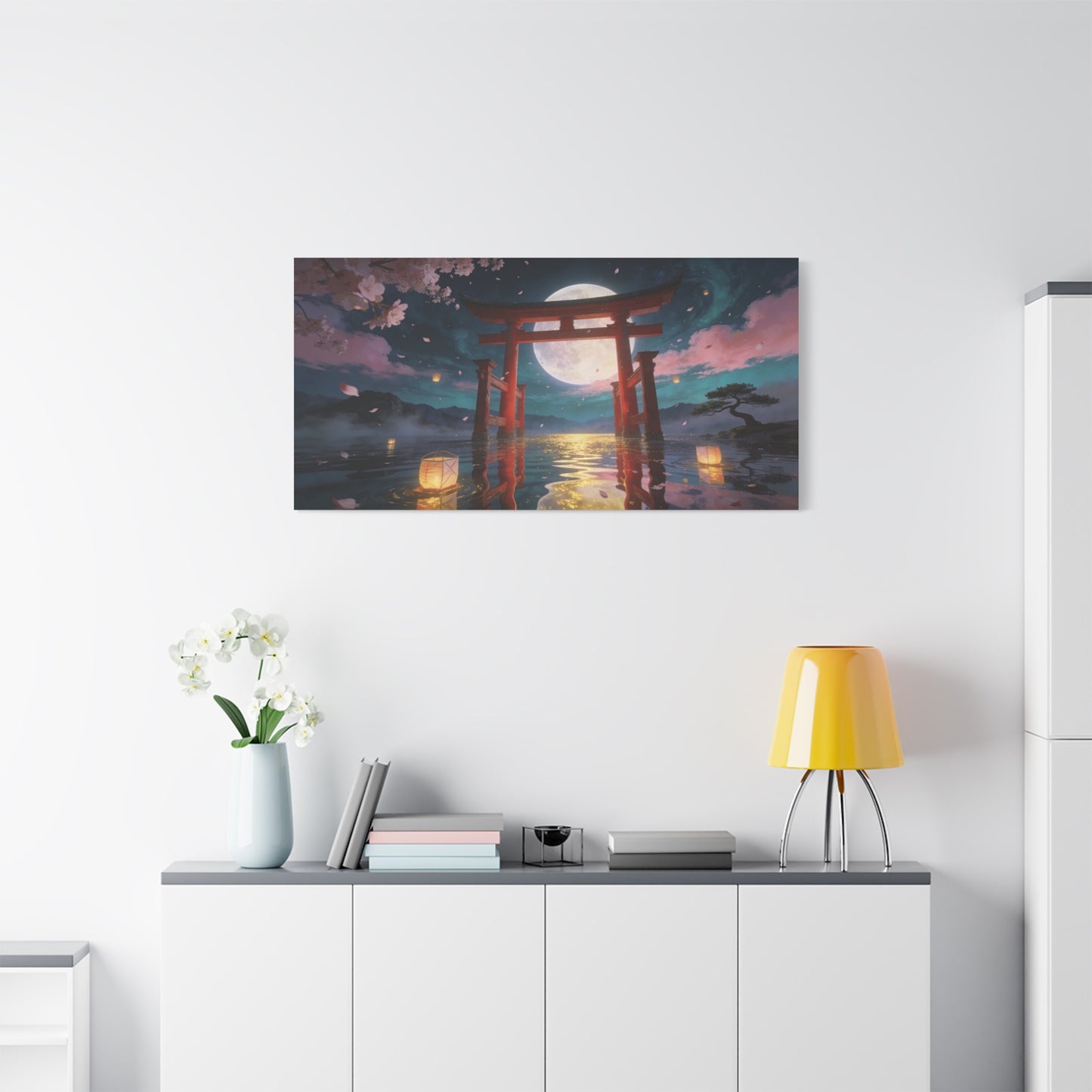 Japanese Torii Gate Canvas Wall Art - Moonlit Lake, Cherry Blossom Petals - Contemporary Fantasy Landscape - Living Room Wall Decor, Bedroom Home Decoration, Meditation Space - Bedroom Home Decoration