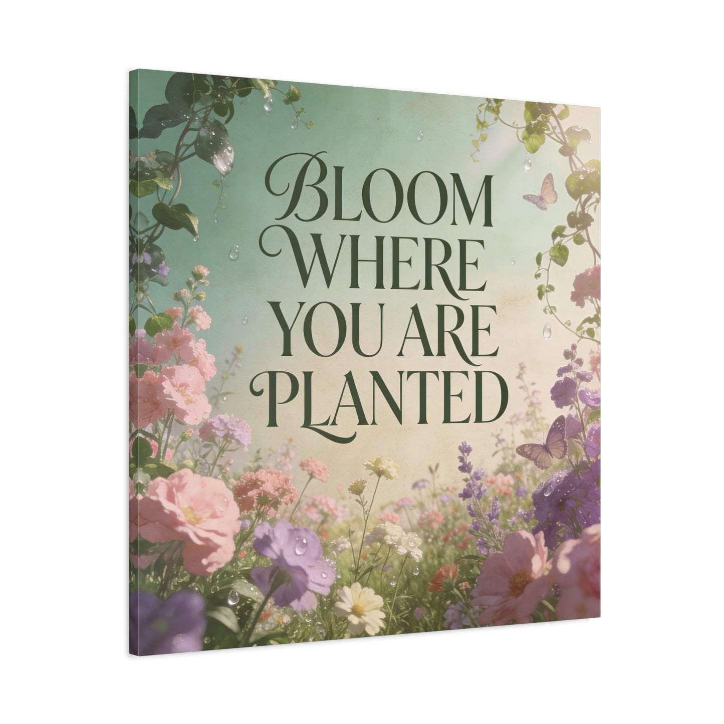 "Bloom Where You Are Planted" Inspirational Canvas Wall Art - Floral Butterfly Quote Print, Pastel Garden Typography Decor, Modern Farmhouse Style, Bedroom Home Decoration - Living Room Wall Decor