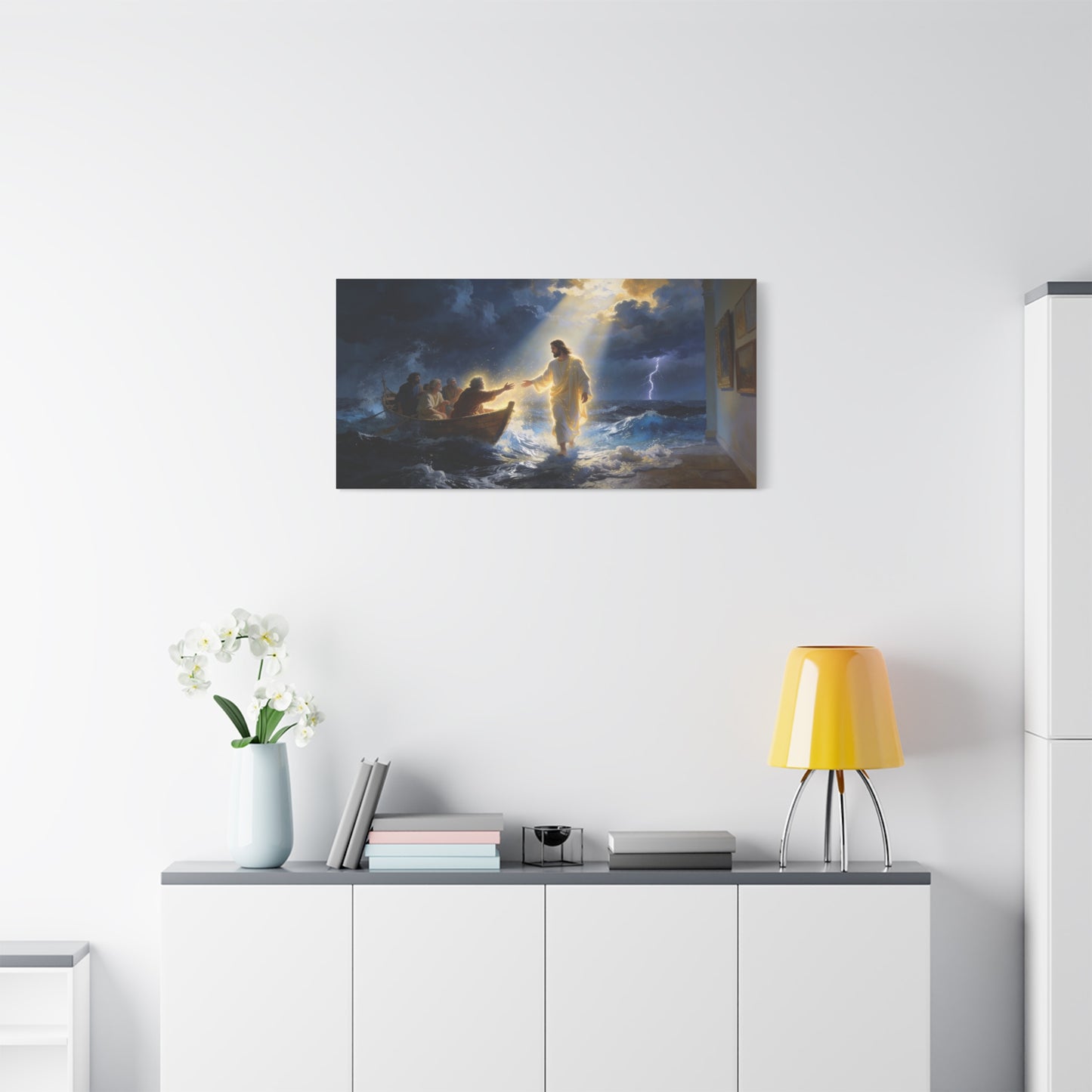 Jesus Christ Walking On Water Canvas Wall Art - Storm Sea Disciples Boat, Religious Christian Decor - Luminous Matte Canvas Print - Traditional Style, Living Room Wall Decor - Bedroom Home Decoration