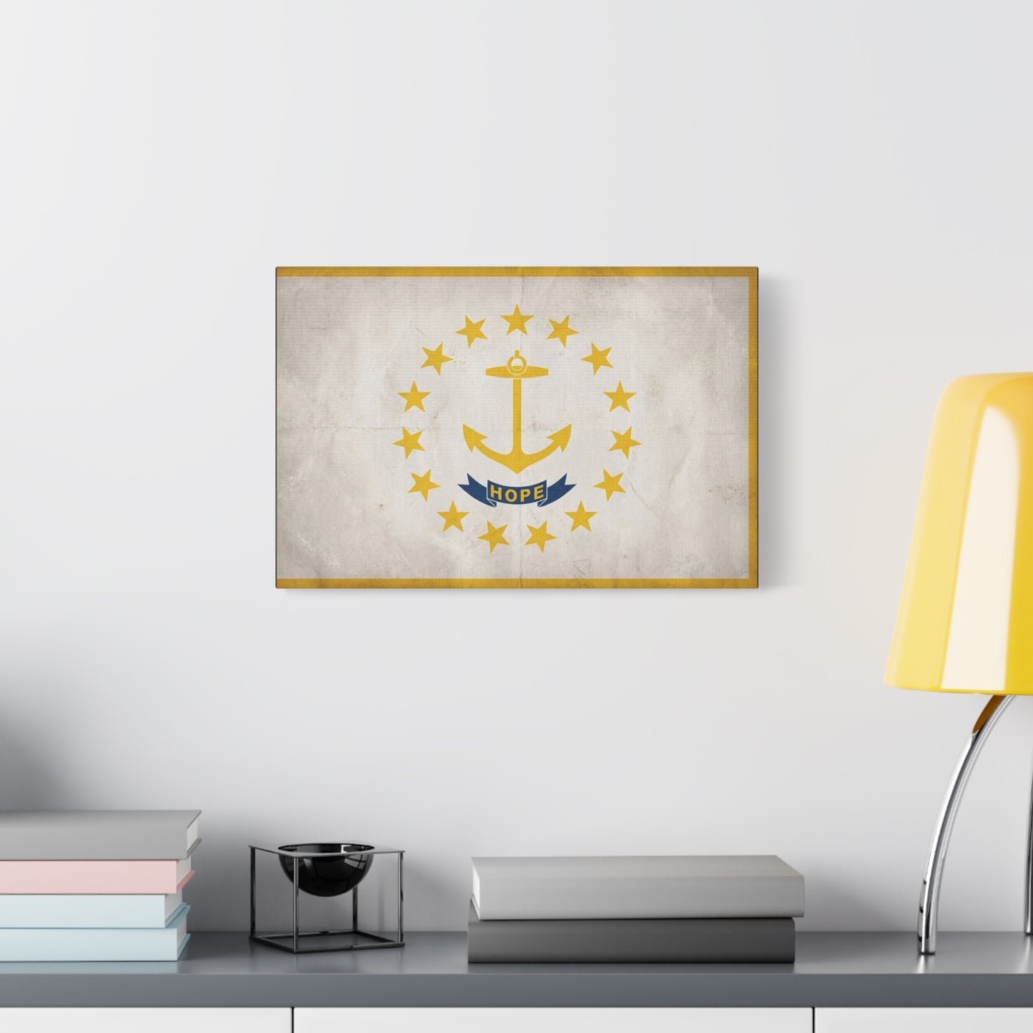 "HOPE" Rhode Island Flag Canvas Wall Art - Anchor And Stars State Print, Vintage Nautical Decor - Minimalist Gold Blue Design - Living Room Wall Decor - Bedroom Home Decoration - Cozy Reading Nook Art
