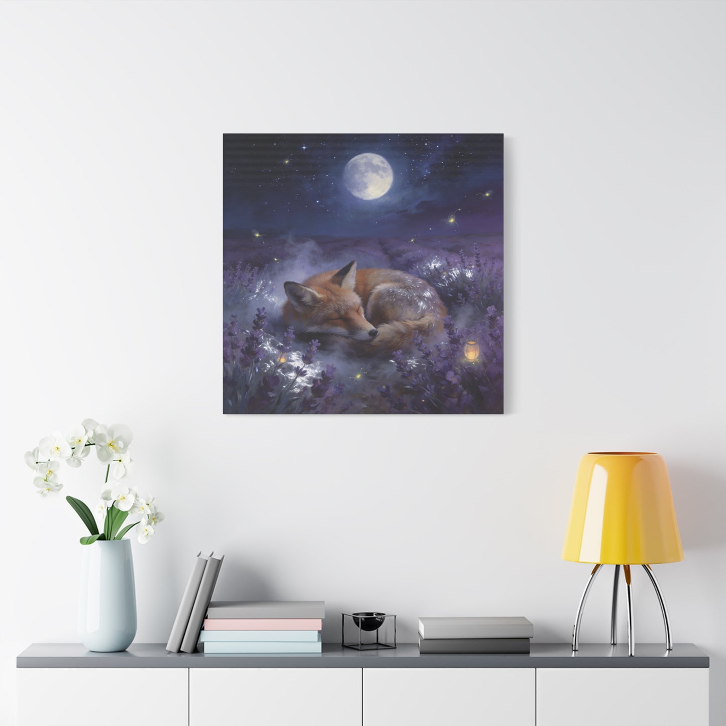 Sleeping Red Fox Canvas Wall Art - Moonlit Lavender Field, Fireflies, Starry Night Sky - Dreamy Woodland Animal Print - Matte Finish Canvas - Bedroom Wall Decor, Nursery Accent - Cozy Reading Nook Art