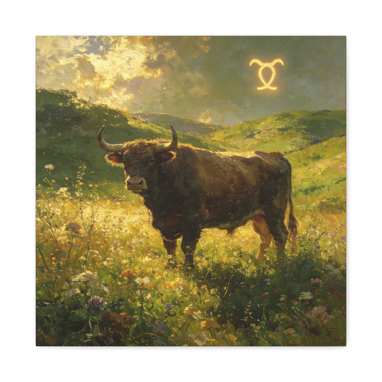 Taurus Bull Canvas Wall Art - Golden Meadow Landscape Painting, Zodiac Symbol, Rustic Contemporary Cotton Canvas Print, Living Room Wall Decor, Bedroom Home Decoration, Office Art Accent