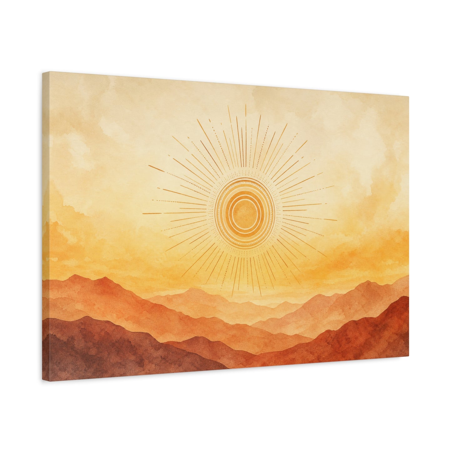 Sunburst Desert Mountain Canvas Wall Art - Golden Watercolor Landscape Print, Contemporary Southwest Style - Living Room Wall Decor, Bedroom Home Decoration, Meditation Space Accent - Ready to Hang