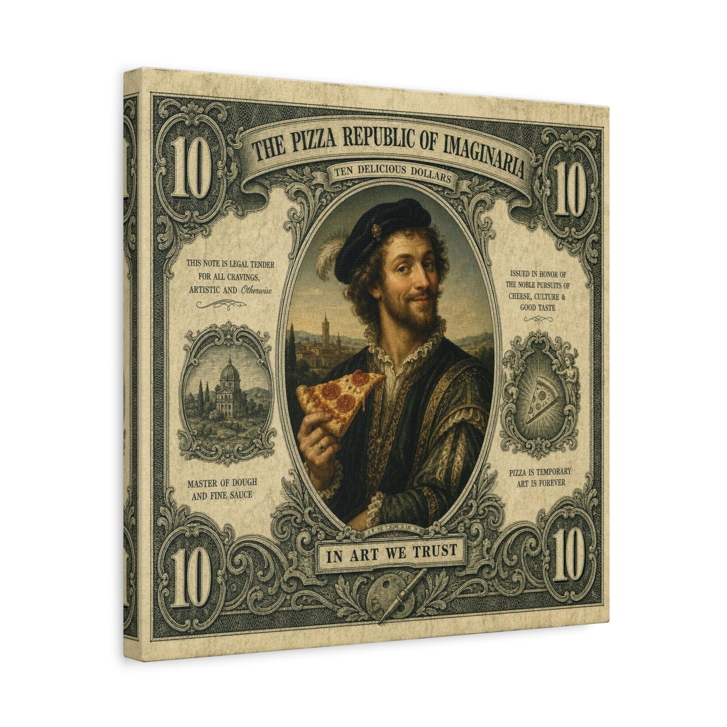 "The Pizza Republic Of Imaginaria" Canvas Wall Art - Vintage Typography Portrait Print, Renaissance Pizza Note Design, Eclectic Office Wall Decor, Cafe Wall Art, Humor Canvas - Reception Area Decor