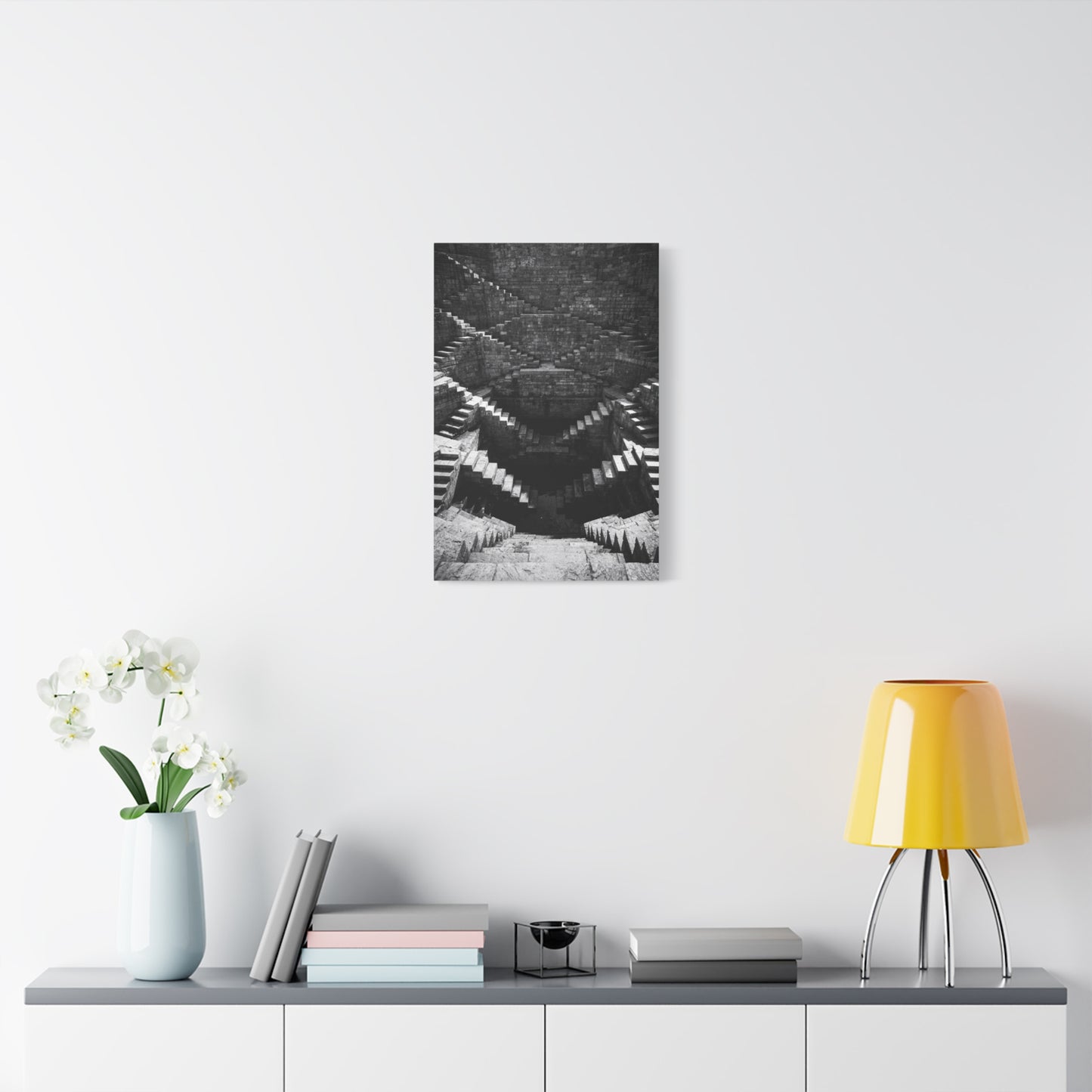 Black And White Stepwell Canvas Wall Art - Architectural Staircase Art Print, Moody Monochrome Stone Geometry - Contemporary Wall Decor For Living Room, Office, Entryway - Ready to Hang