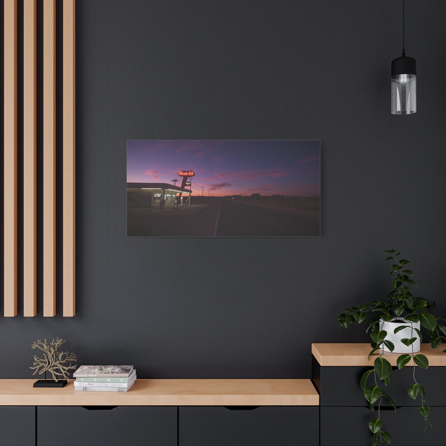 "Route 66" Desert Gas Station Canvas Wall Art - Twilight Roadside Art Print - Purple Pink Sunset Sky, Retro Americana Style - Living Room Wall Decor, Office Art - Bedroom Home Decoration