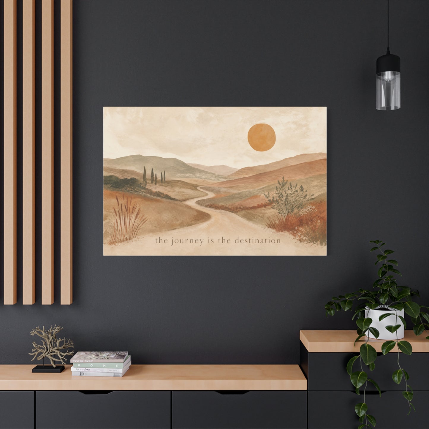 "The Journey Is The Destination" Landscape Canvas Wall Art - Desert Hills, Winding Path, Terracotta Sun - Minimalist Typography Print - Bedroom Wall Decor, Living Room Home Decoration - Ready to Hang